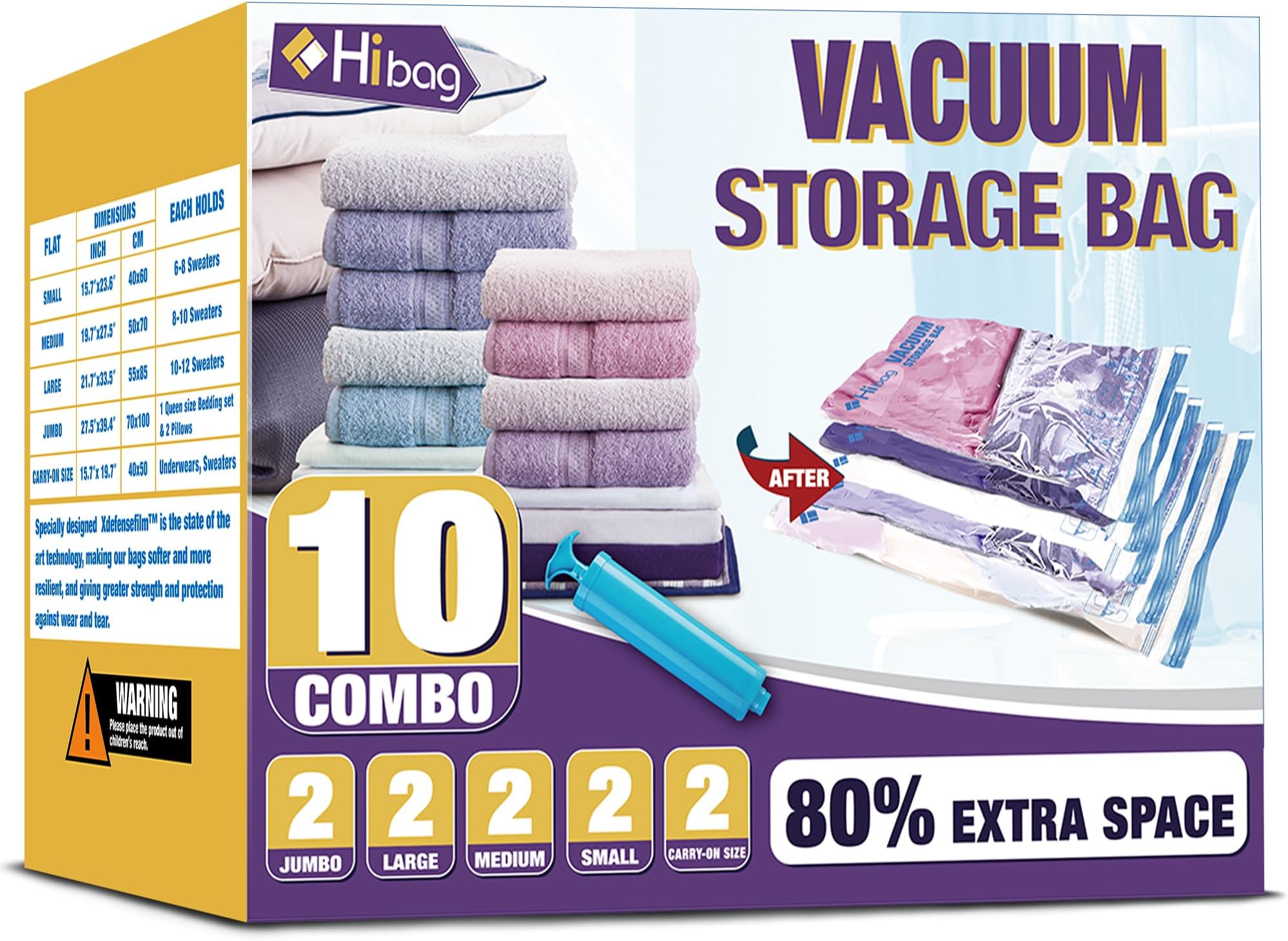 HIBAG Space Saver Bags Vacuum Storage Bags, 10Pack Vacuum Bags, Zipper, Polypropylene (2 Jumbo, 2 Large, 2 Medium, 2 Small, 2 Roll-Up) With Pump (10-Combo)