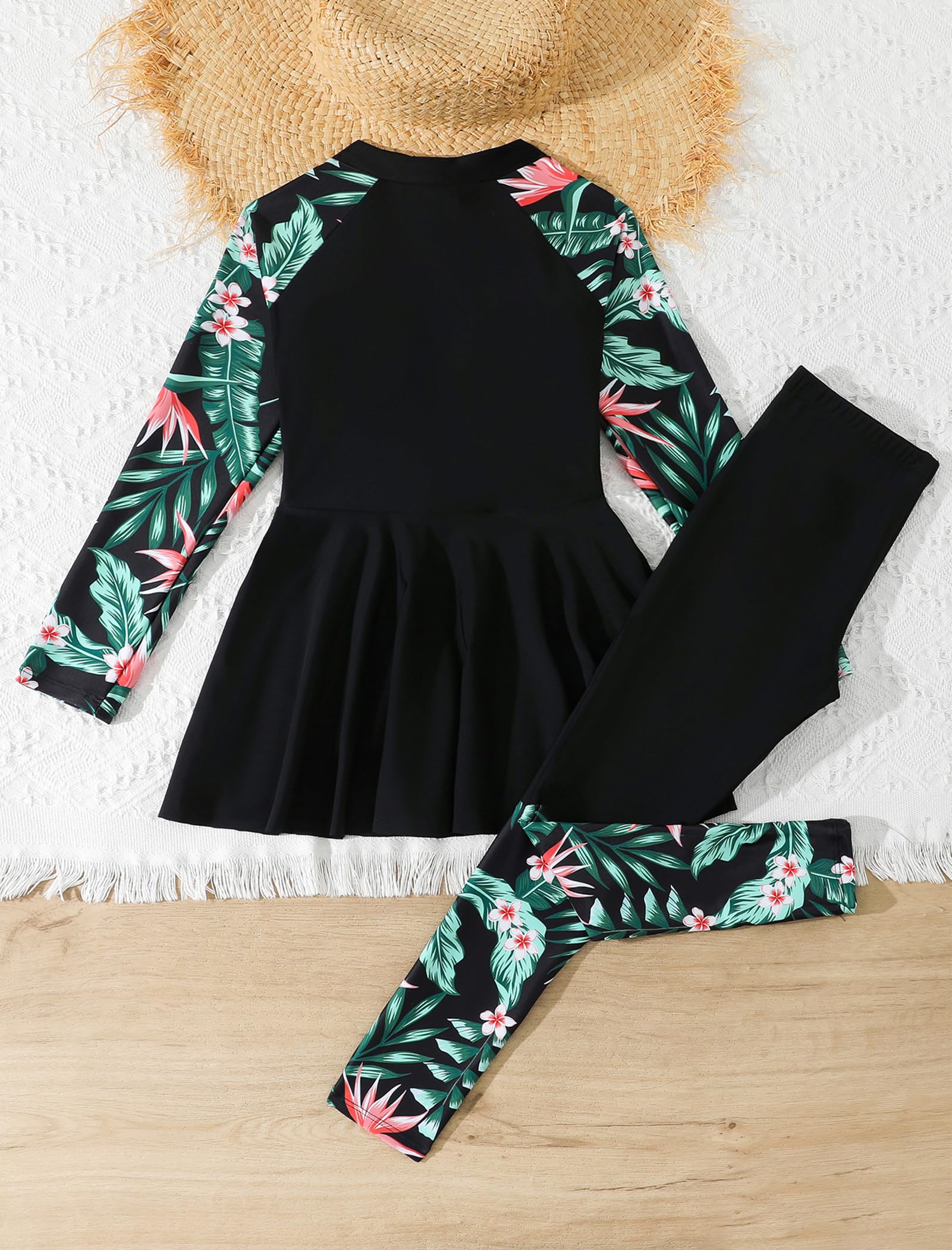 IMEKIS Costume da bagno musulmano per ragazze e bambine, a maniche lunghe, con stampa tropicale, 2 pezzi, costume da bagno modesto per età da 8 a 12 anni
