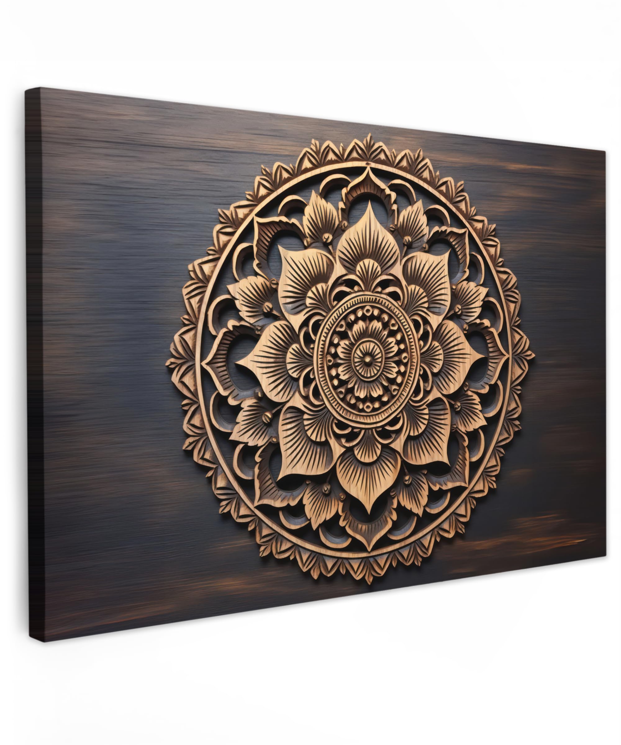 MuchoWow© Quadri Astratti su Tela Foto Quadro Moderno Soggiorno Canvas | 120x80 cm - Decorazioni Camera da Letto Mandala - Legno - Fiori - Marrone