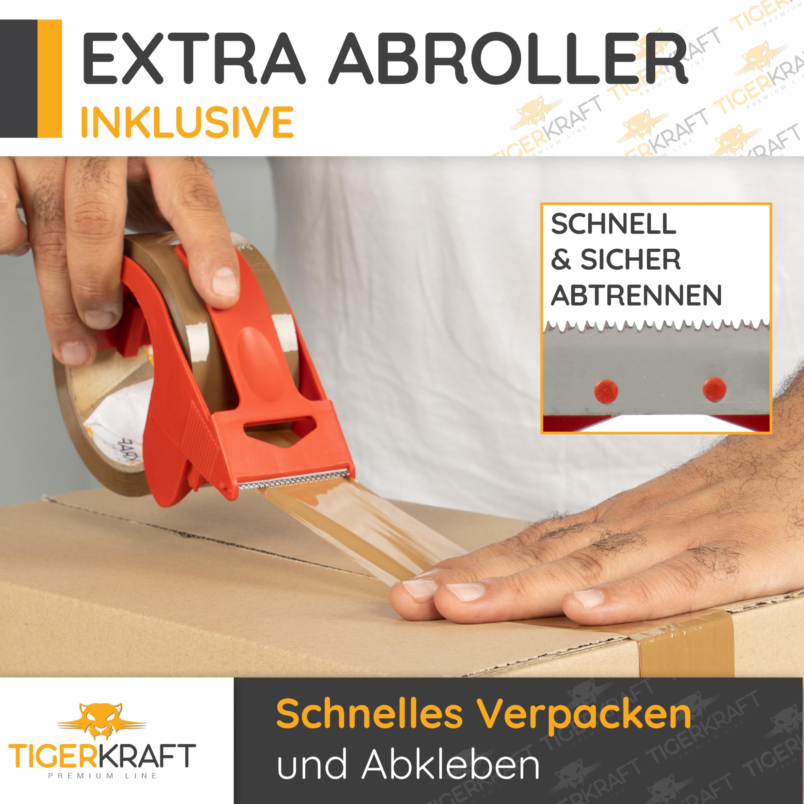 TIGERKRAFT – Nastro adesivo a basso rumore con avvolgitore – Nastro adesivo resistente ai raggi UV – Nastro adesivo ogni 48 mm x 66 m / 48 micron – Nastro per imballaggio per spedizione, magazzino,