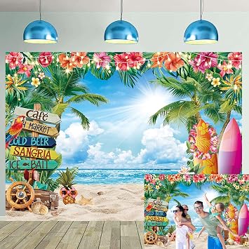 Summer Beach Backdrop 8x6FT Tropical Palm Leaves Surfboard Flower Hawaiian Photography Background Luau Beach Tiki Party Decoration Supplies 96x72 inch