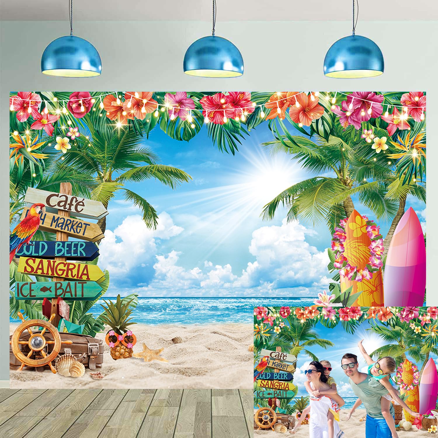 Summer Beach Backdrop 8x6FT Tropical Palm Leaves Surfboard Flower Hawaiian Photography Background Luau Beach Tiki Party Decoration Supplies (96x72