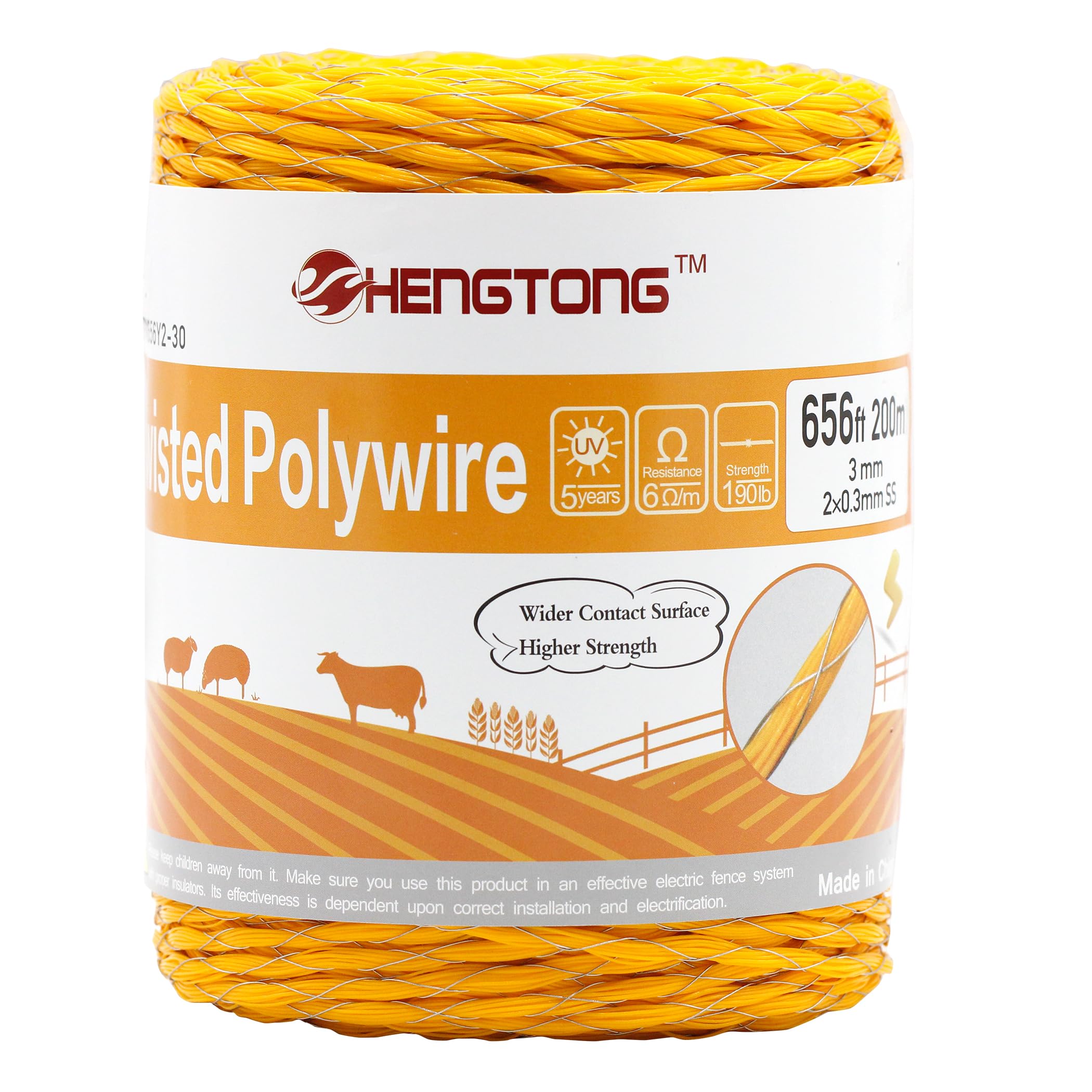 HENGTONGElectric Fence Twisted Poly Wire 656ft 200m, 2 x 0.3mm Stainless Steel Conductors, 3mm Portable Braided Polywire Electric Fence for Livestock (Yellow)