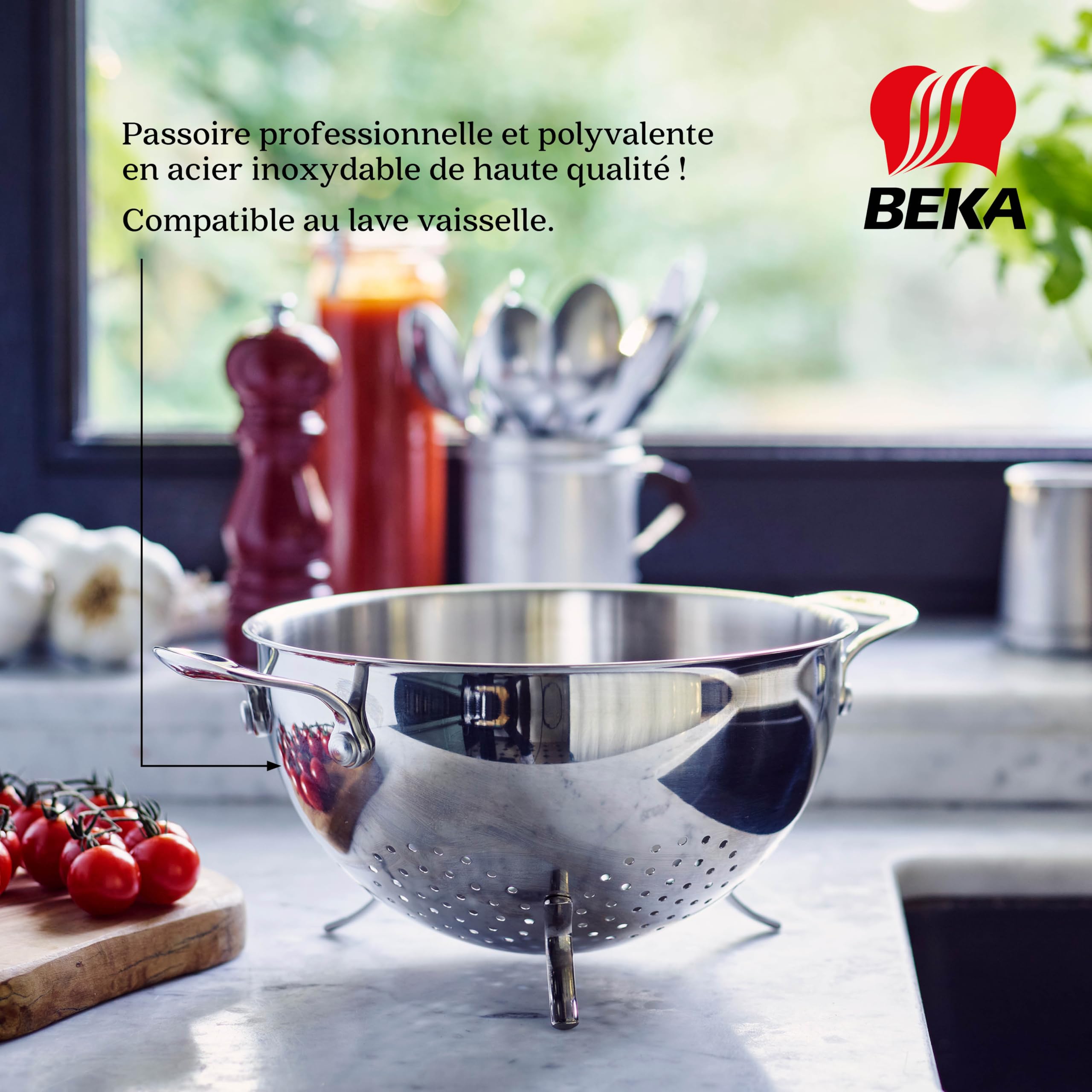 Beka Chef - Passoire Inox 18/10 - 22 cm - 3 Pieds Antidérapants - Poignées Rivetées - Lave-Vaisselle