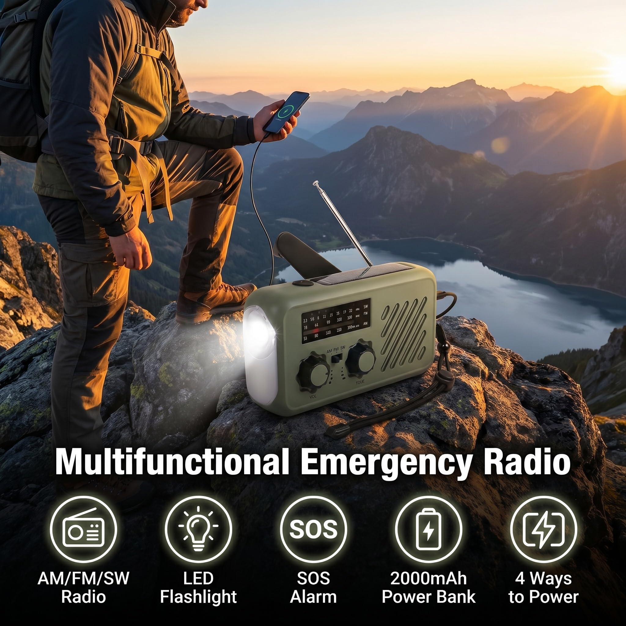 Radio di Sopravvivenza, Ricarica Tripla (Manovella/Solare/USB), Batteria 2000mAh Powerbank, SOS, Torcia LED - Kit Completo con Cinturino & Cuffie per Campeggio, Escursionismo, Emergenza