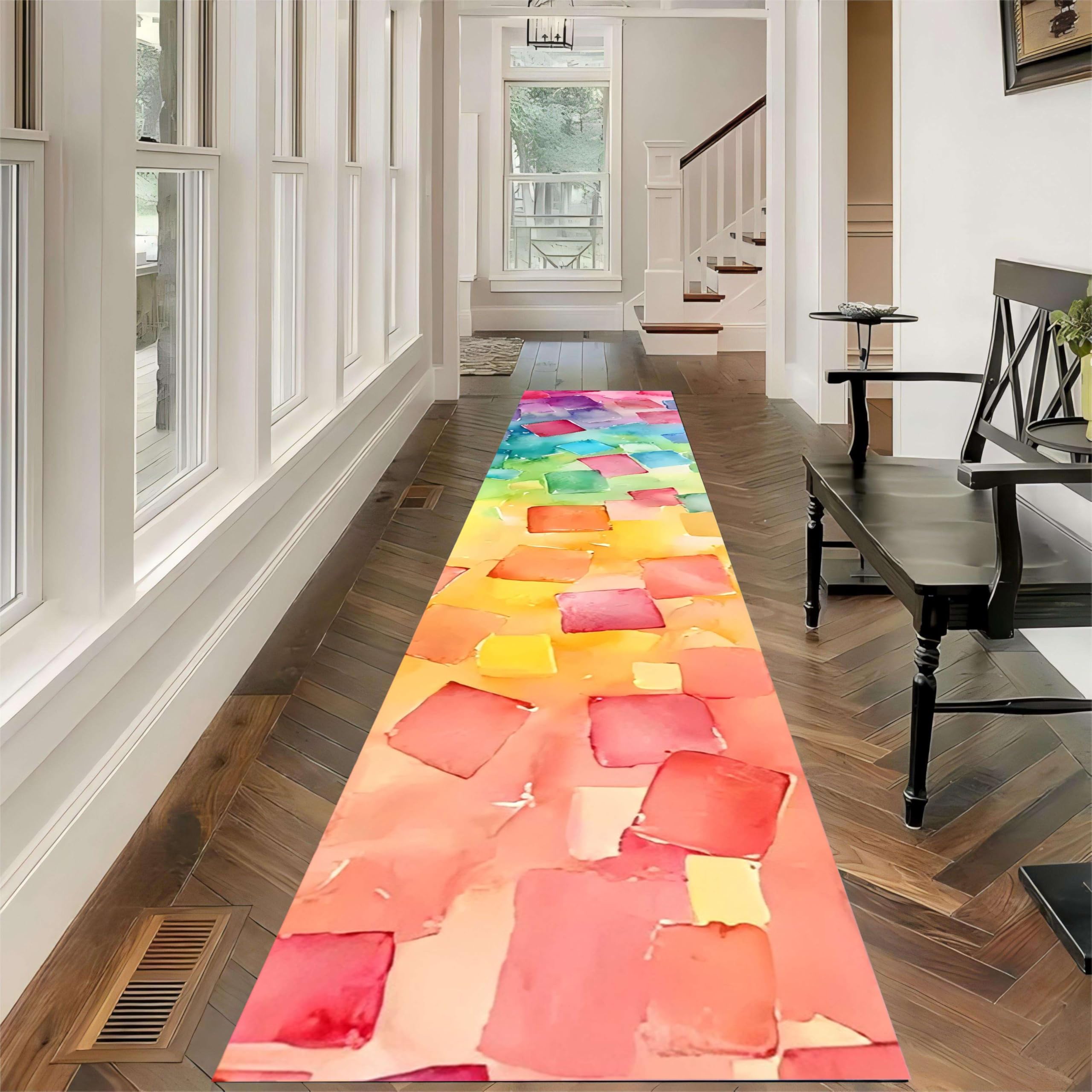 USHIRUG Colorful Runner Rugs, 80x200cm Abstract Geometric Plaid Orange and Yellow Hallway Rugs, Colorful Stripes Non-Slip Hallway Runner Carpet, Low-Pile Kitchen Rug for Laundry Rooms and Bedrooms