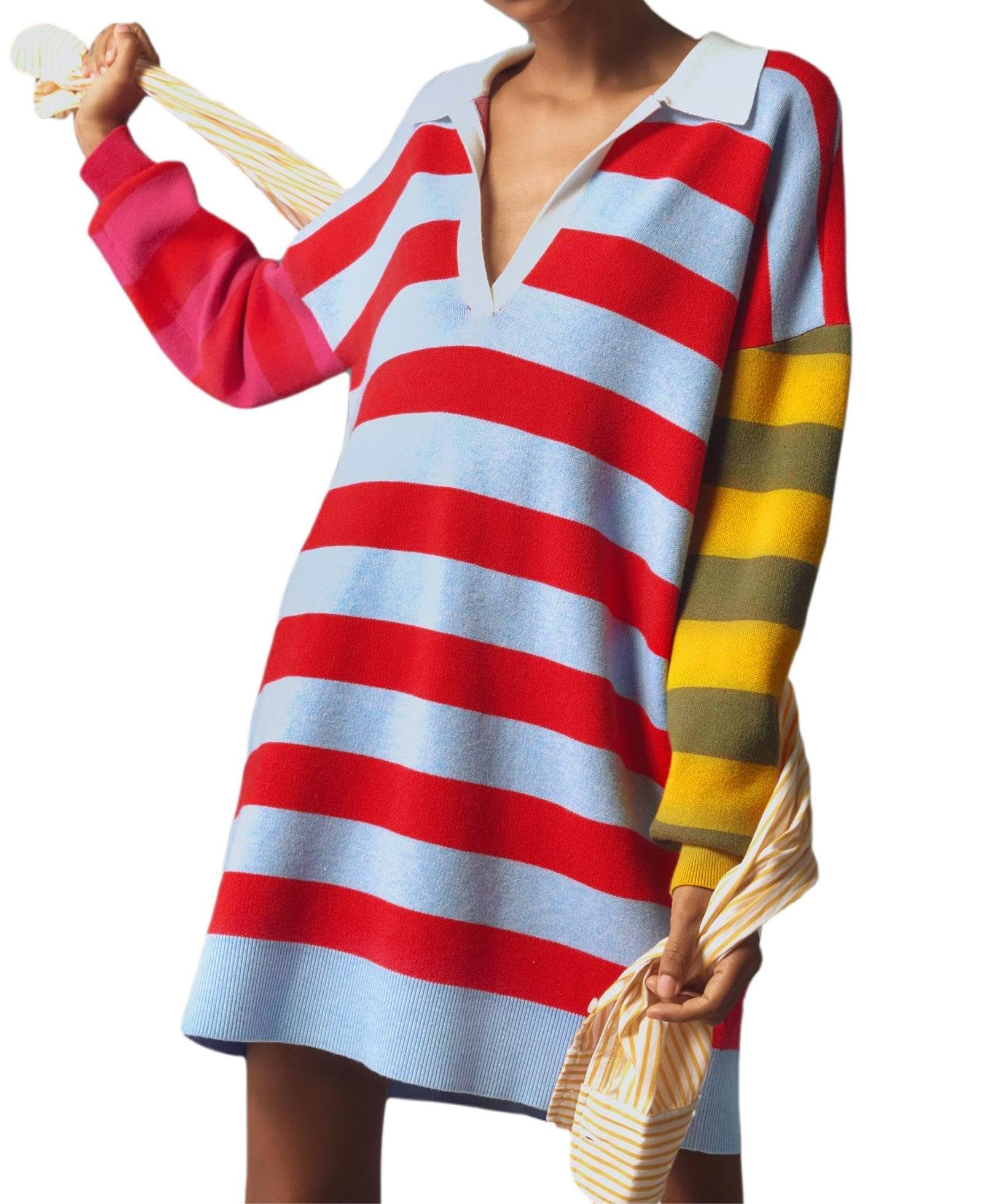 LifeShe Womens Striped Sweater Dress Long Sleeve V Neck Oversized Pullover Sweaters Fall Outfits