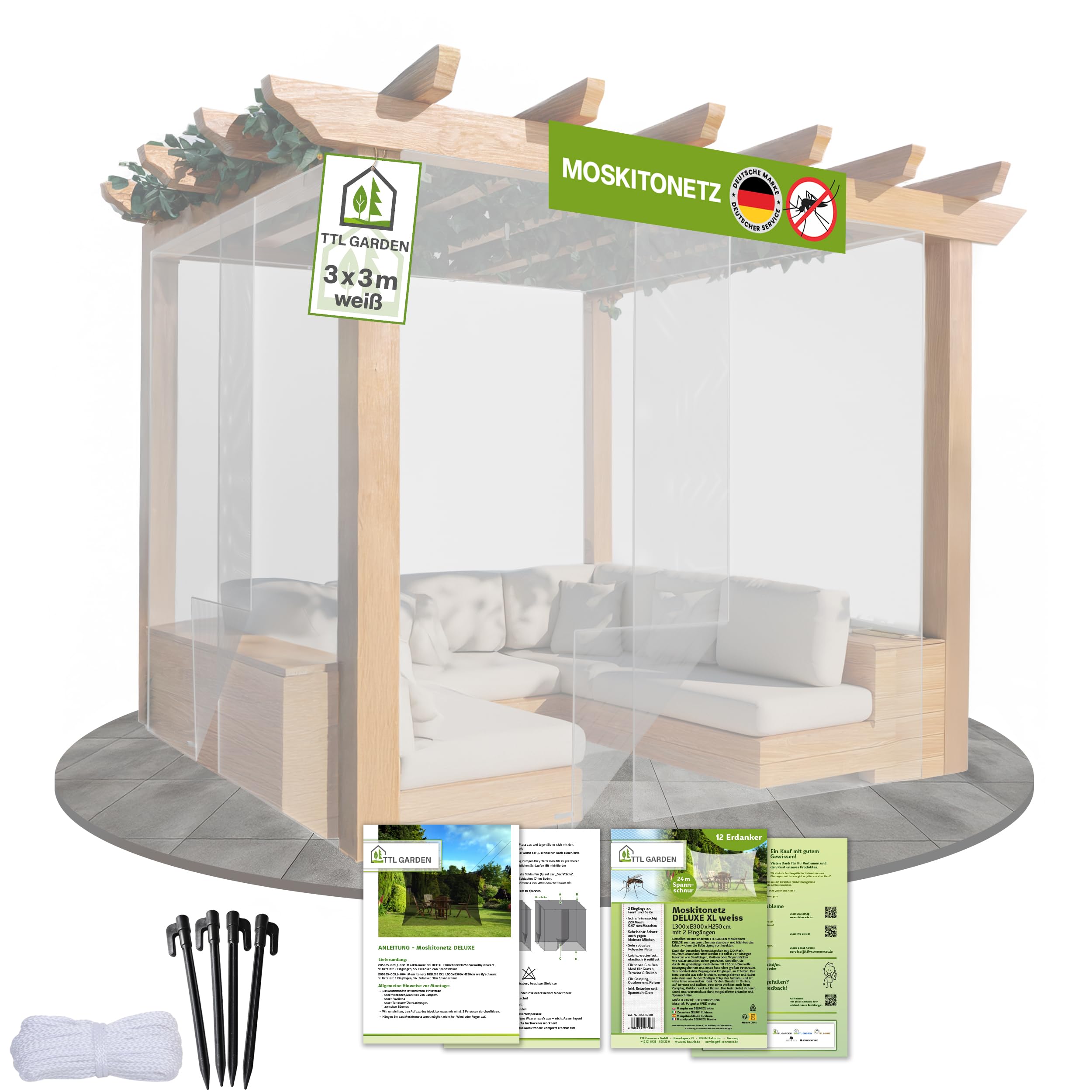 TTL GARDEN Zanzariera Deluxe XL 300x300x250cm bianco - a maglia fine 0,07mm - Zanzariera con 2 ingressi - resistente agli strappi UV-stabile & traspirante - Protezione dagli insetti e dalle zanzare