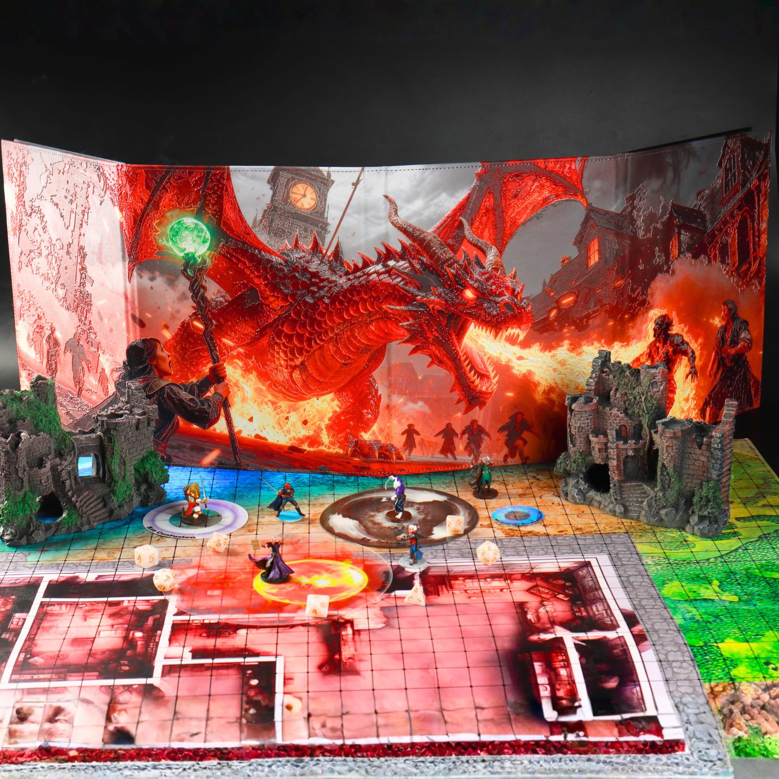 DND DM Screen pittura a olio effetto rilievo 8 pannelli con 2 tasche cancellabili a umido oscillanti e fogli per trucchi Dungeon Master Accessori Dungeon Master Dungeons and Dragons 5e Schermo GM D&D