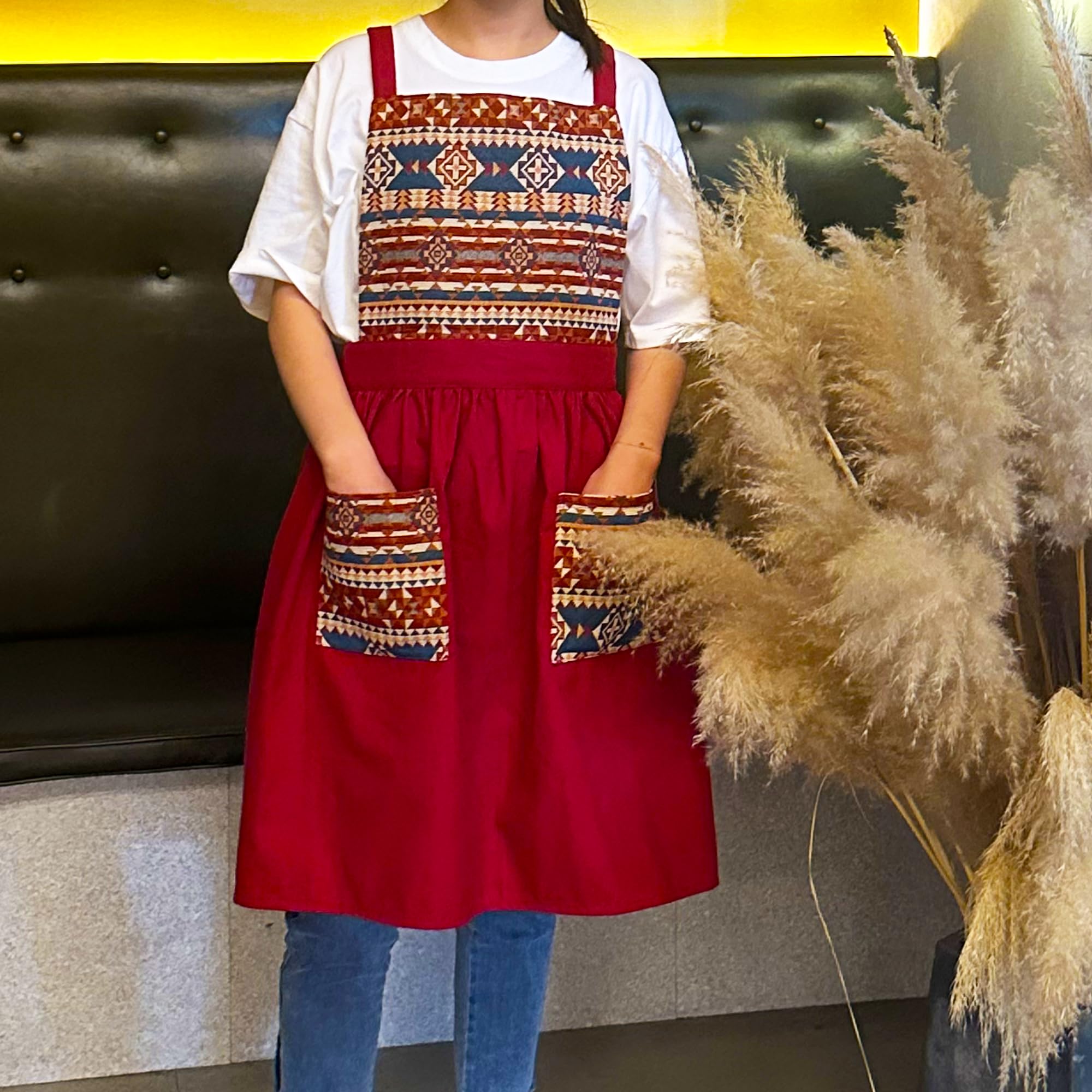 MILCIL Red Kitchen Apron with Pockets, Womens Pinafore Dress, Work Vintage Cross Back Floral Apron for Cooking Gardening Baking, Gift for Mom, Sister, Grandma