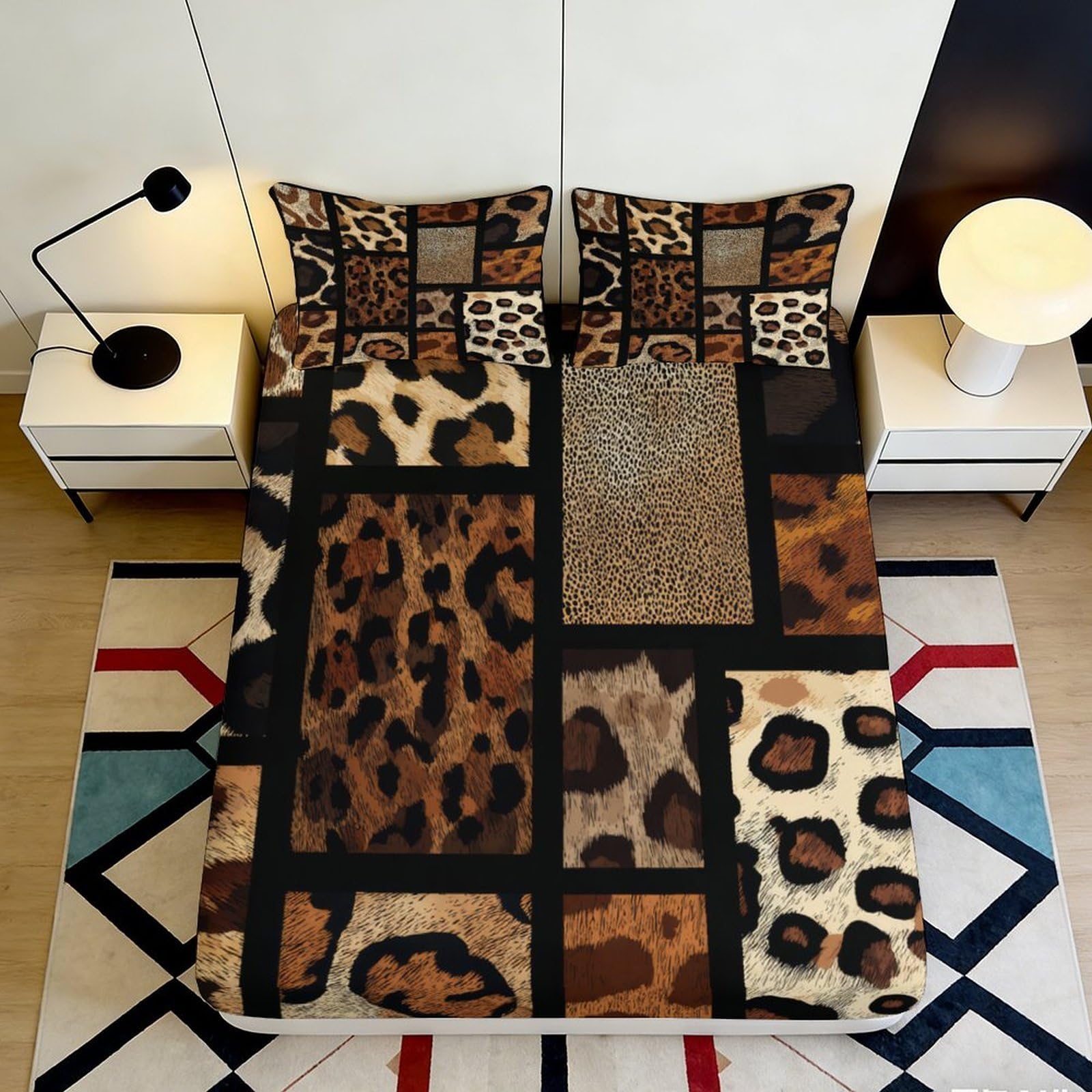 3D Printed Leopard Patchwork Fitted Sheet Microfiber Soft Breathable Animal Skin Mattress Cover for Bedroom Dorm Room Decor 90x200x25cm