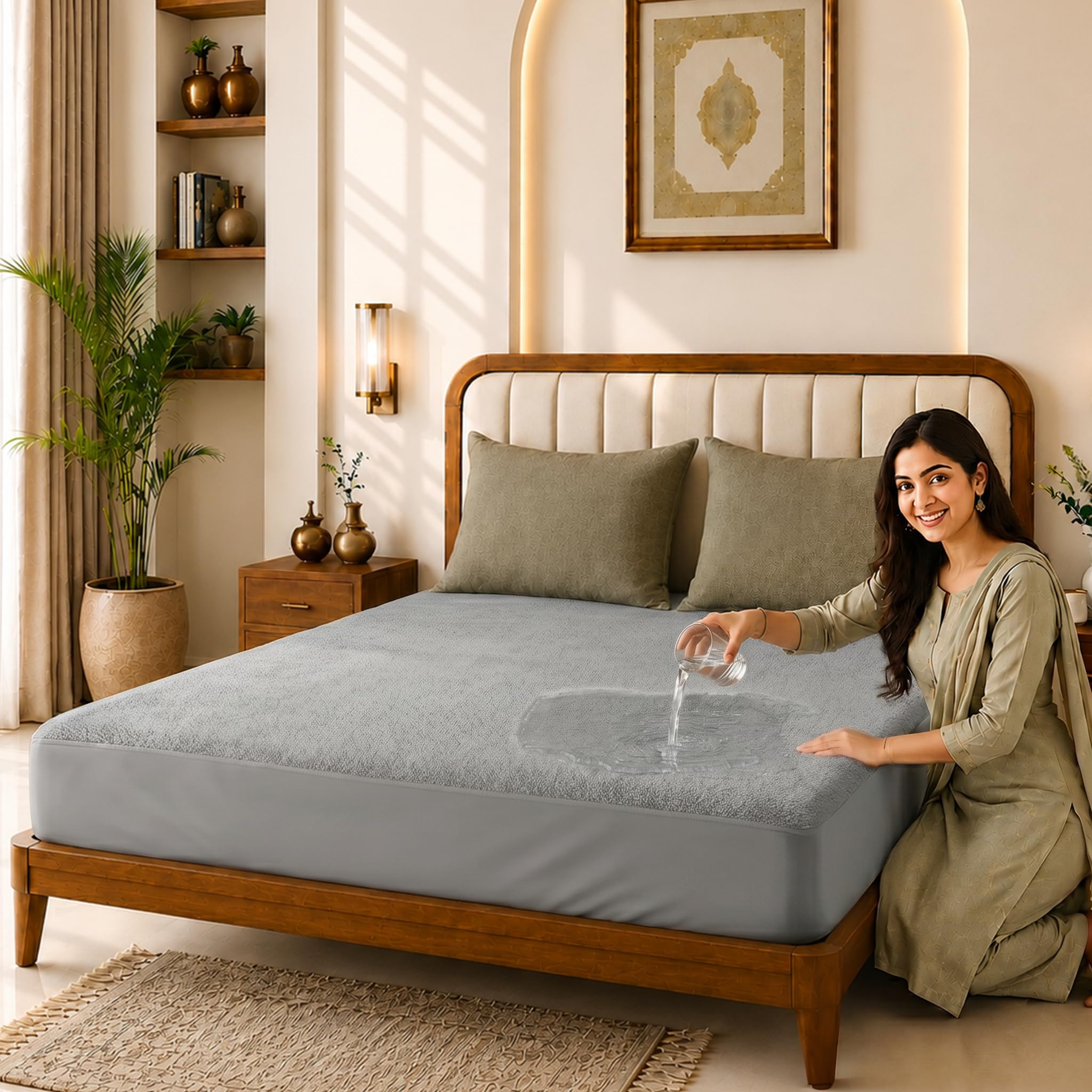 Glassiano Cotton Feel Terry Ultra Soft Waterproof Mattress Protector | Breathable - Hypoallergenic Mattresses Cover with Elastic Strap for Queen Bed (84x60 inch|7x5 feet, Grey - Pack of 1)-image-41