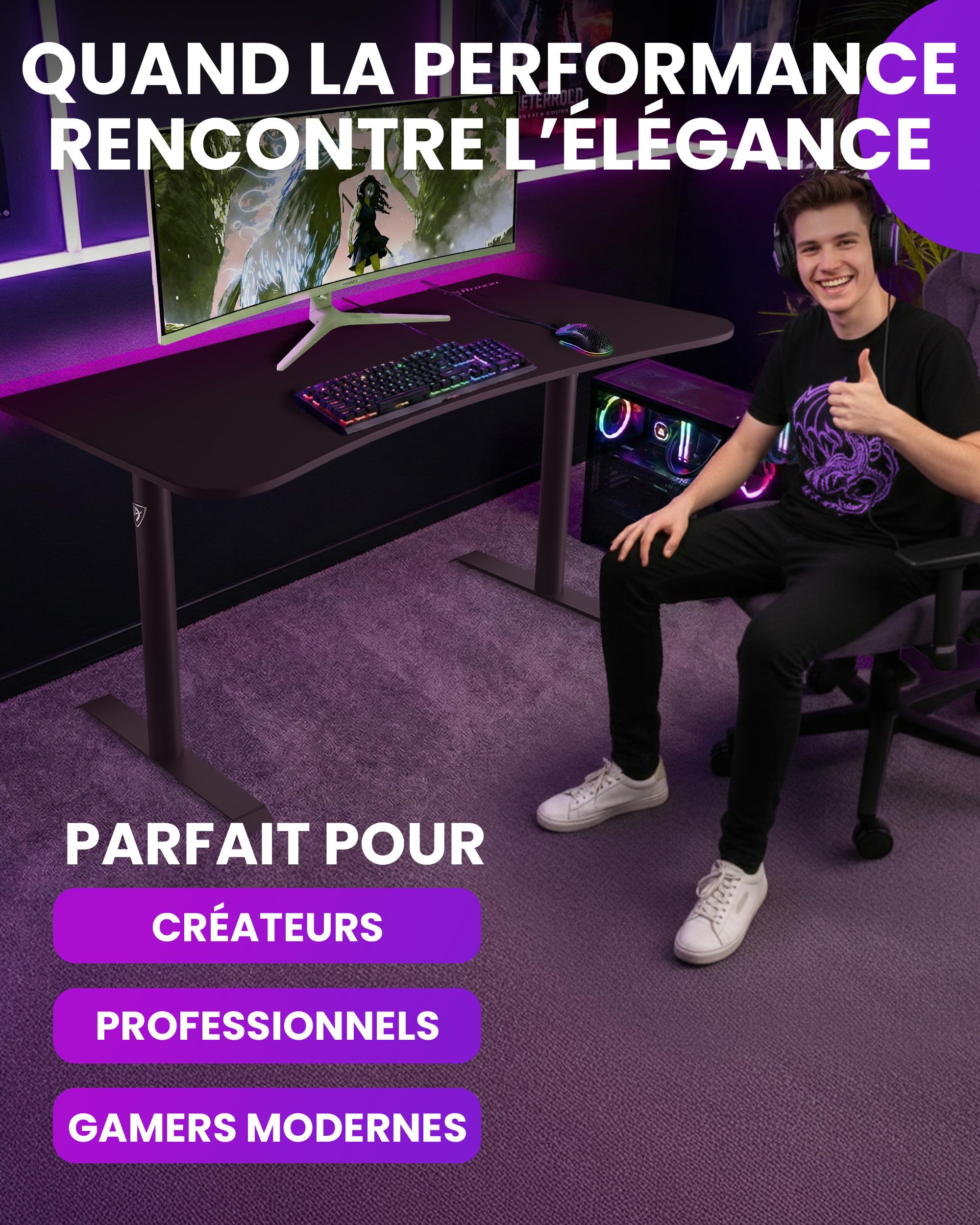 Bureau Gamer Arozzi Arena Medium - 140x76 cm - Bureau Gaming avec Cadre Acier, Rangement pour Câbles et Support Double Écran - Tapis de Souris Lavable Intégral - Noir Intense