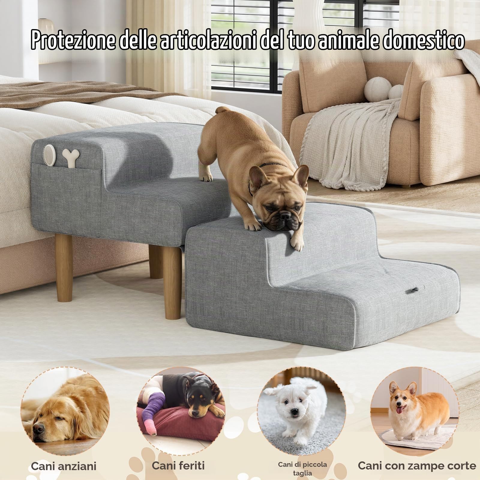 Scaletta per Cani, 2-in-1 Scaletta per Cani Letto Pieghevole, Altezza 4 Gradini, Scala Cane Piccoli e Gatti per Salire su Letto e Divano, Antiscivolo Rampa per Canis, 35/45cm, Grigio