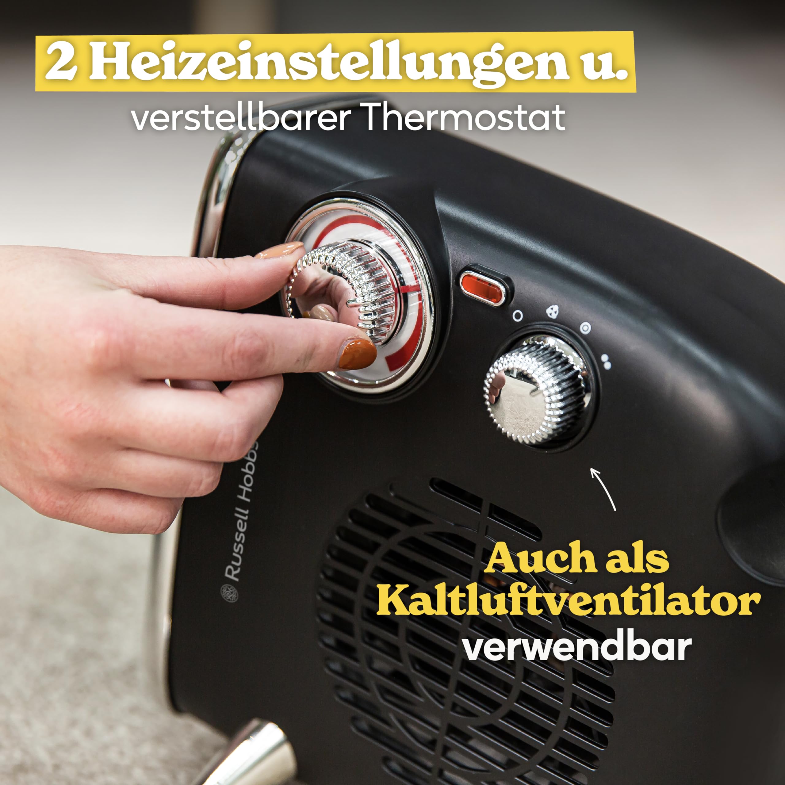 Russell Hobbs RHRETHFH1001B Grzejnik elektryczny 1800 W / 1,8 kW, retro wentylator poziomy/pionowy, z regulowanym termostatem, 2 ustawienia temperatury, 20 m2, sterowanie tarczą, czarny