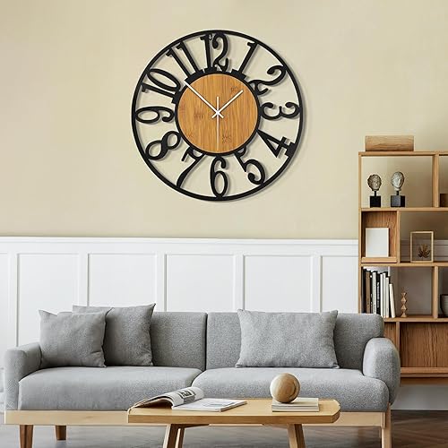 Miniatura 7 de LEIKE Relojes de pared grandes, silenciosos, sin tictac, funciona con pilas, rústico, redondo, moderno, reloj de pared de madera grande para sala de