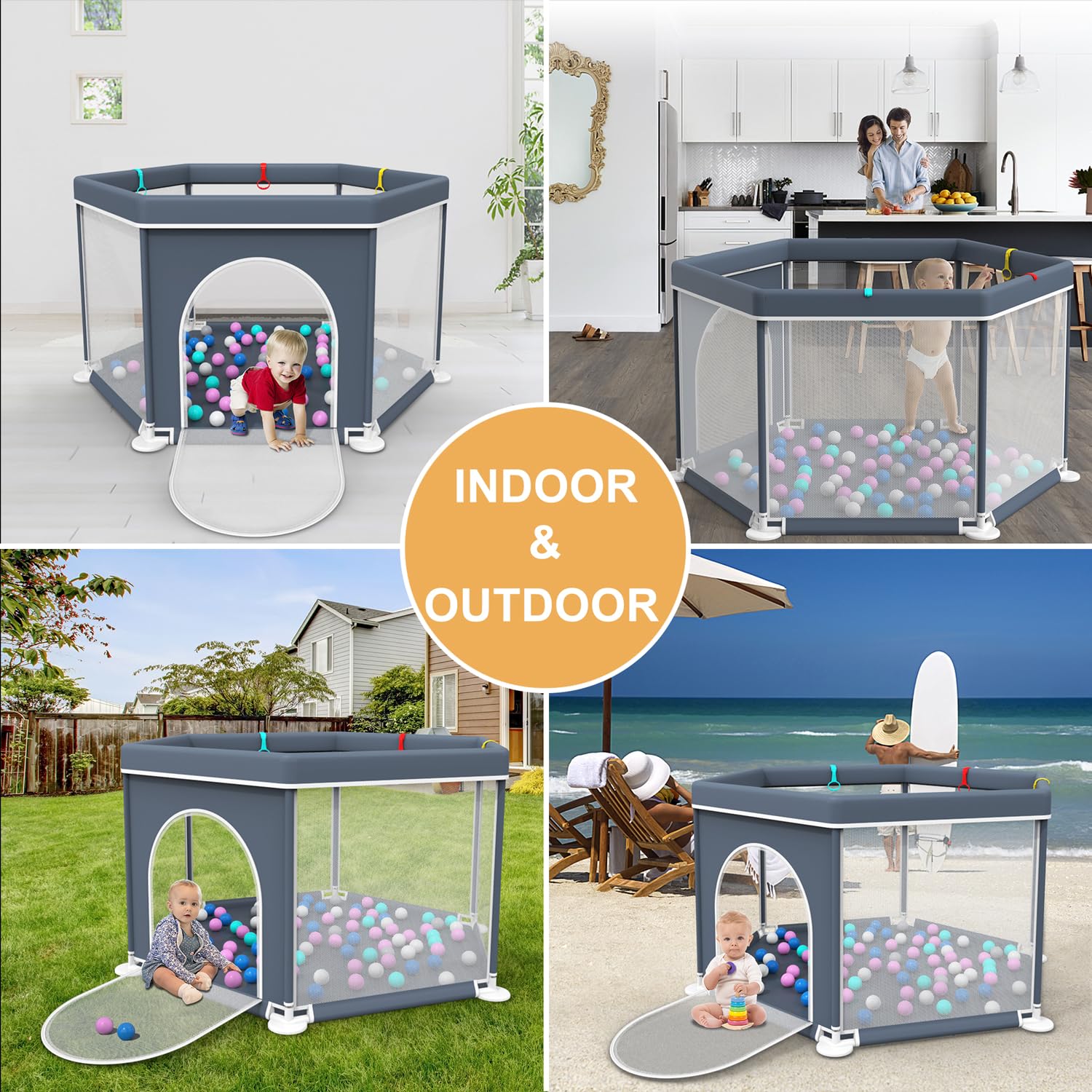 Baby Playpen, Portable Playpen for Babies and Toddlers, Safety Baby Fence Area with Anti-Slip Base, Kids Activity Center with Gate, Indoor Outdoor Baby Play Yard Baby Fence with Soft Breathable Mesh