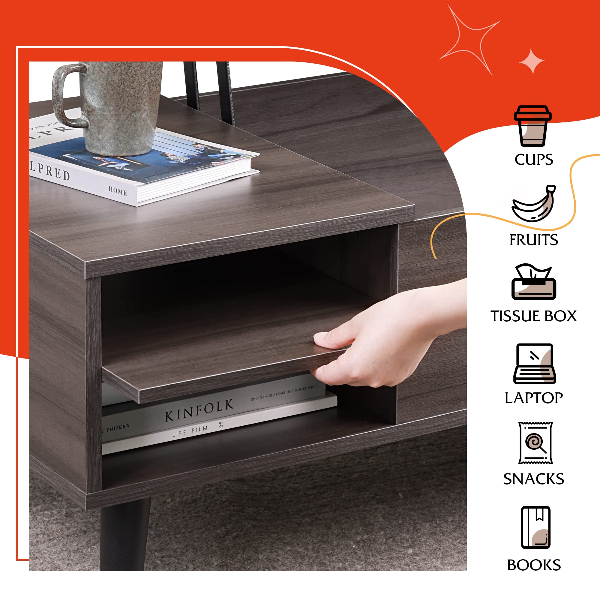 WLIVE Lift Top Coffee Table for Living Room,Small Coffee Table with Storage,Hidden Compartment and Adjustable Shelf,Mid Century Modern Coffee Table,Wood,Grey.