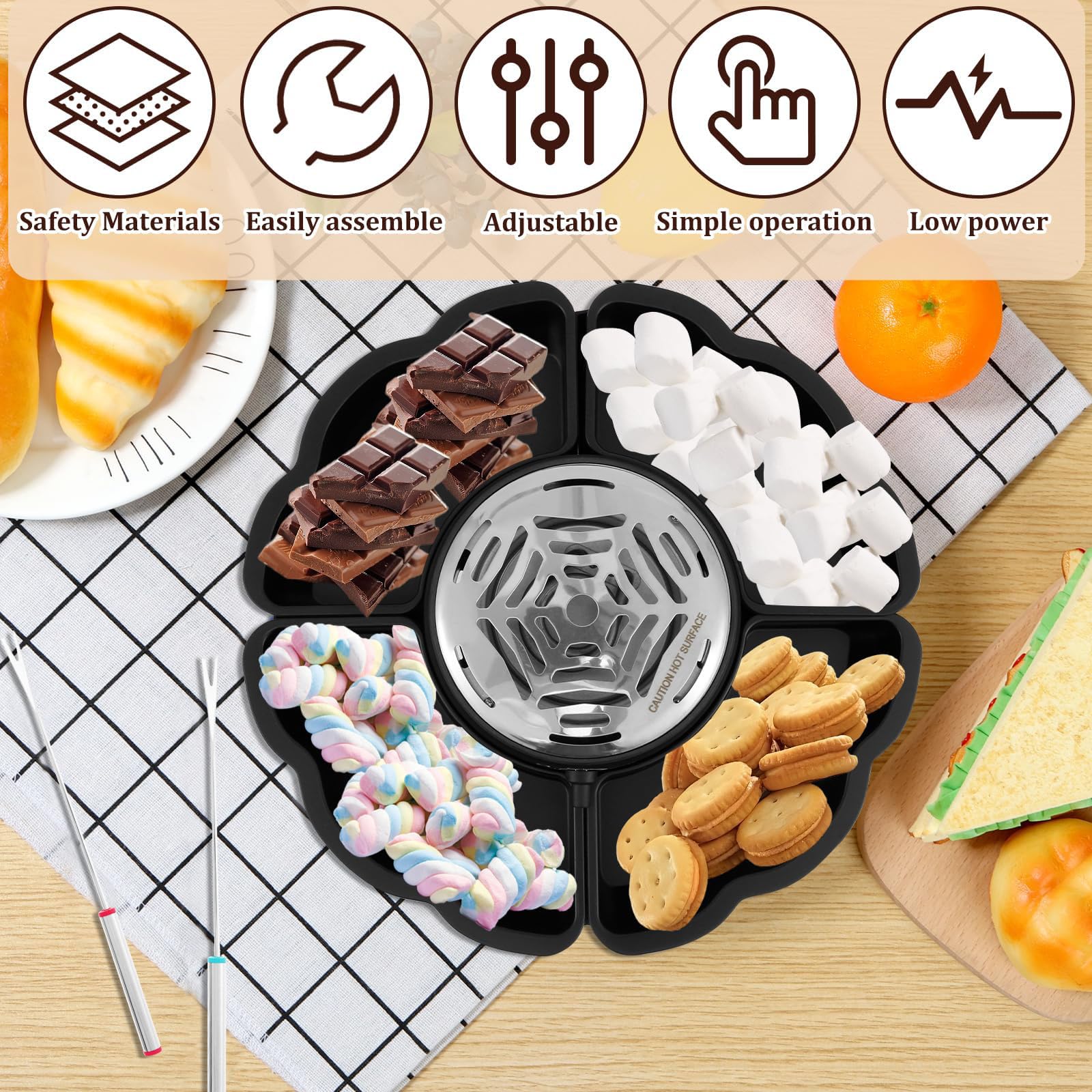 Máquina Para Hacer Smores Eléctrica 2 en 1, Máquina Para Hacer Smores de Mesa Sin Llama Para Uso en Interiores, Kit Eléctrico Para Asar Malvaviscos Para el Hogar, Fiestas y Noches de Cine