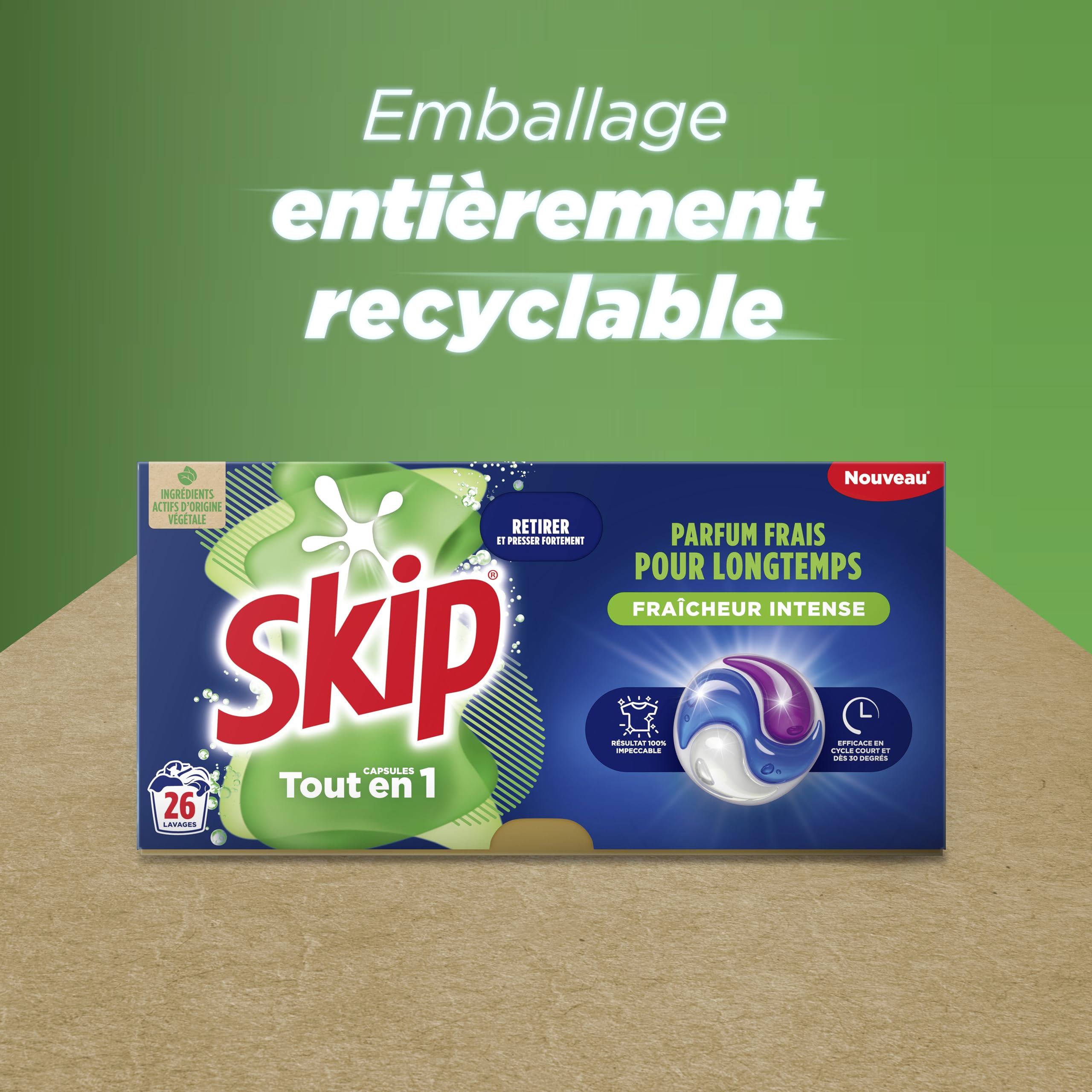 Skip Flüssigwaschmittel in Kapseln, intensive Frische 3-in-1, 78 Waschgänge, makelloses und effektives Ergebnis ab 30 °C, ohne Kunststoffverpackung (3 x 26 Stück)