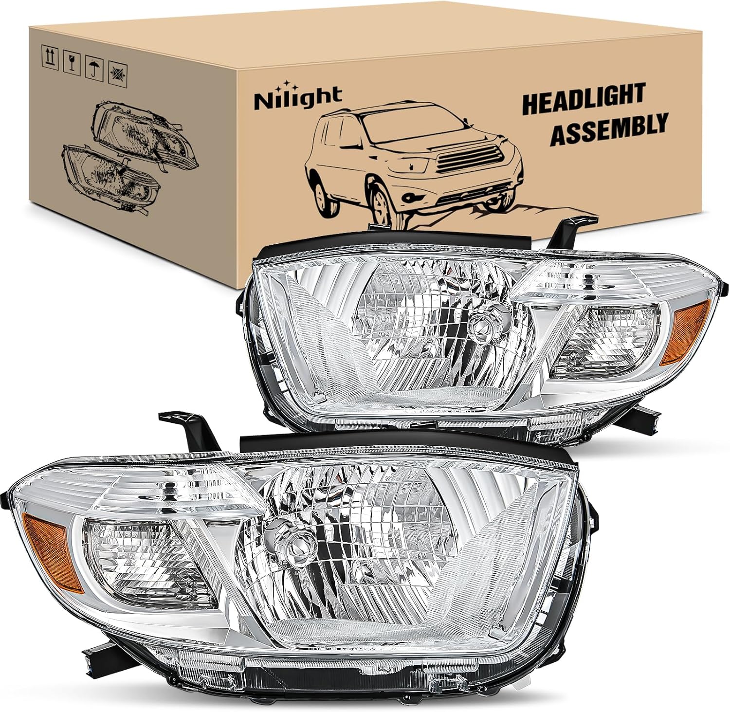 Nilight Headlights Assembly for Toyota Highlander 2008 2009 2010 Headlamp Chrome Housing Amber Reflector
