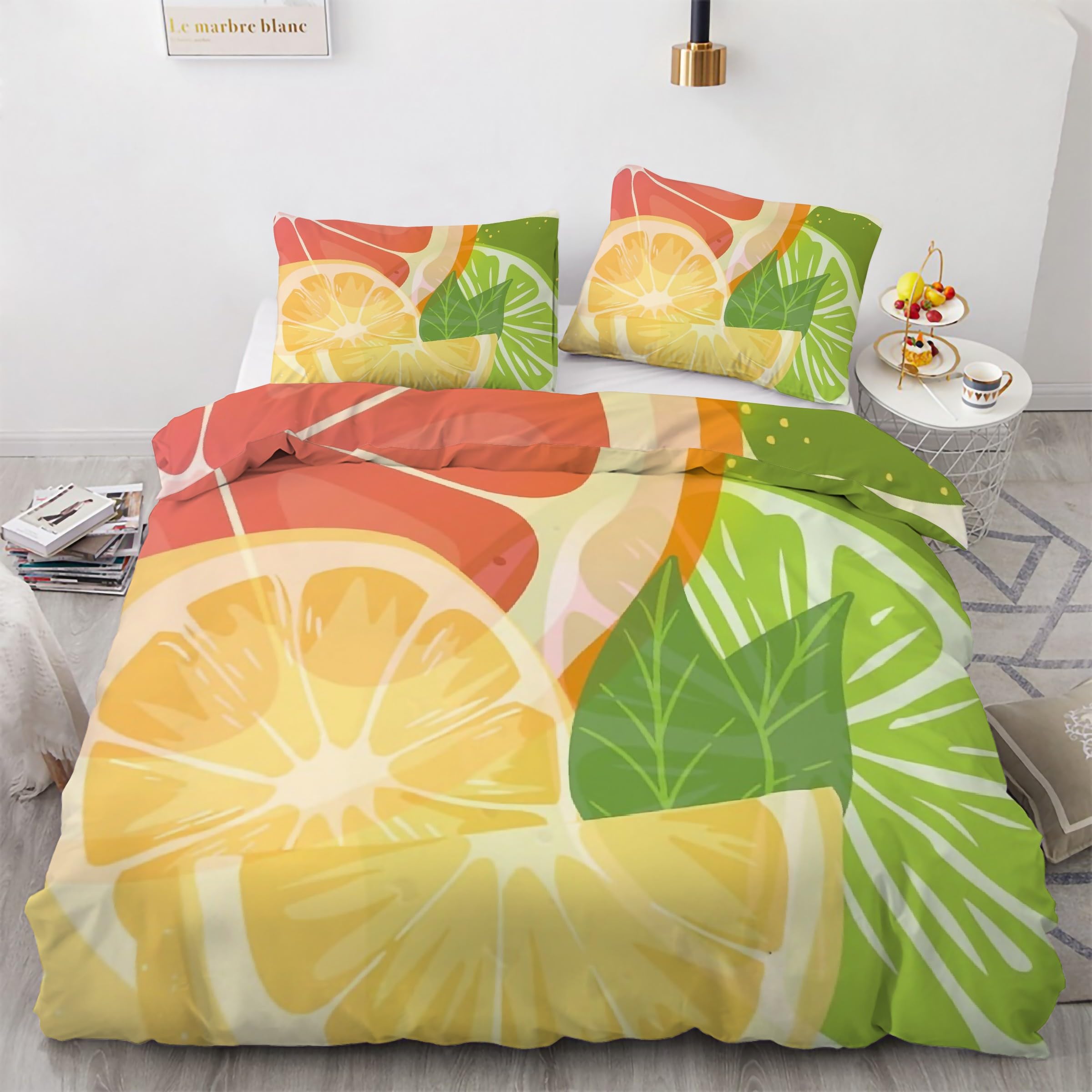 Housse de Couette 160x200 Parure de Lit Fruits Pamplemousse 3 Pièces Microfibre Kg45