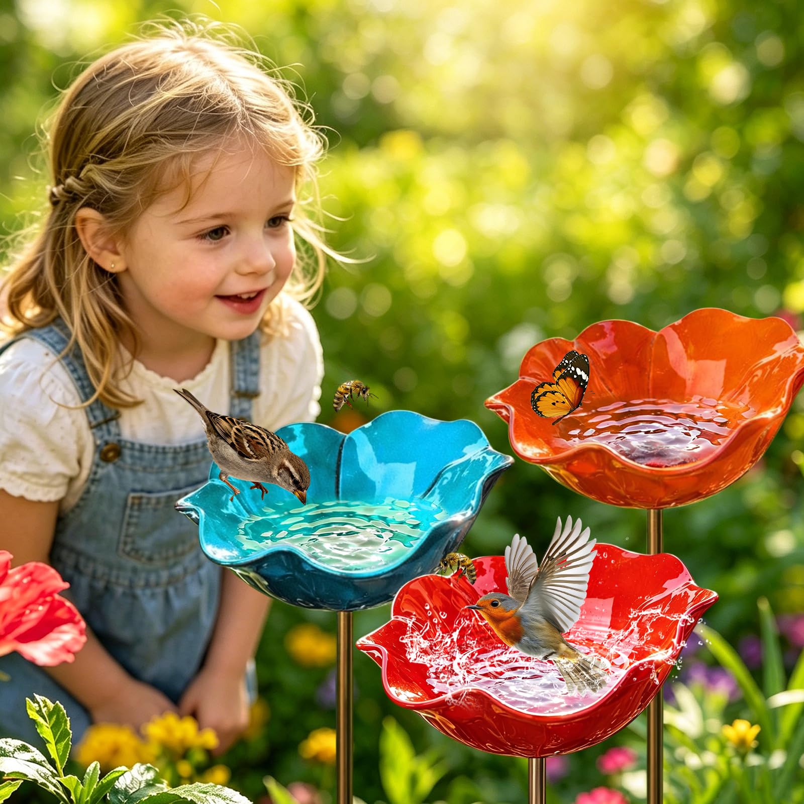 3 Stück Metall Vogeltränke, Blumenform Bienentränke, Gartenstecker Bunt, Vogeltränke Winterfest für Rasen, Beet und Terrasse, Insektentränke für Bienen und Schmetterlinge, Rot, Blau, Orange