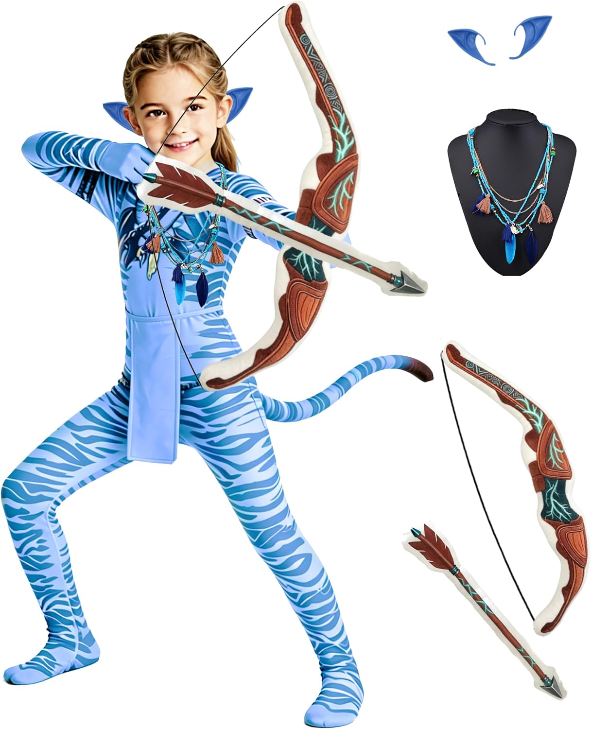 4Pcs Kids Cosplay Set, Blue Striped Costume with Bow and Arrow