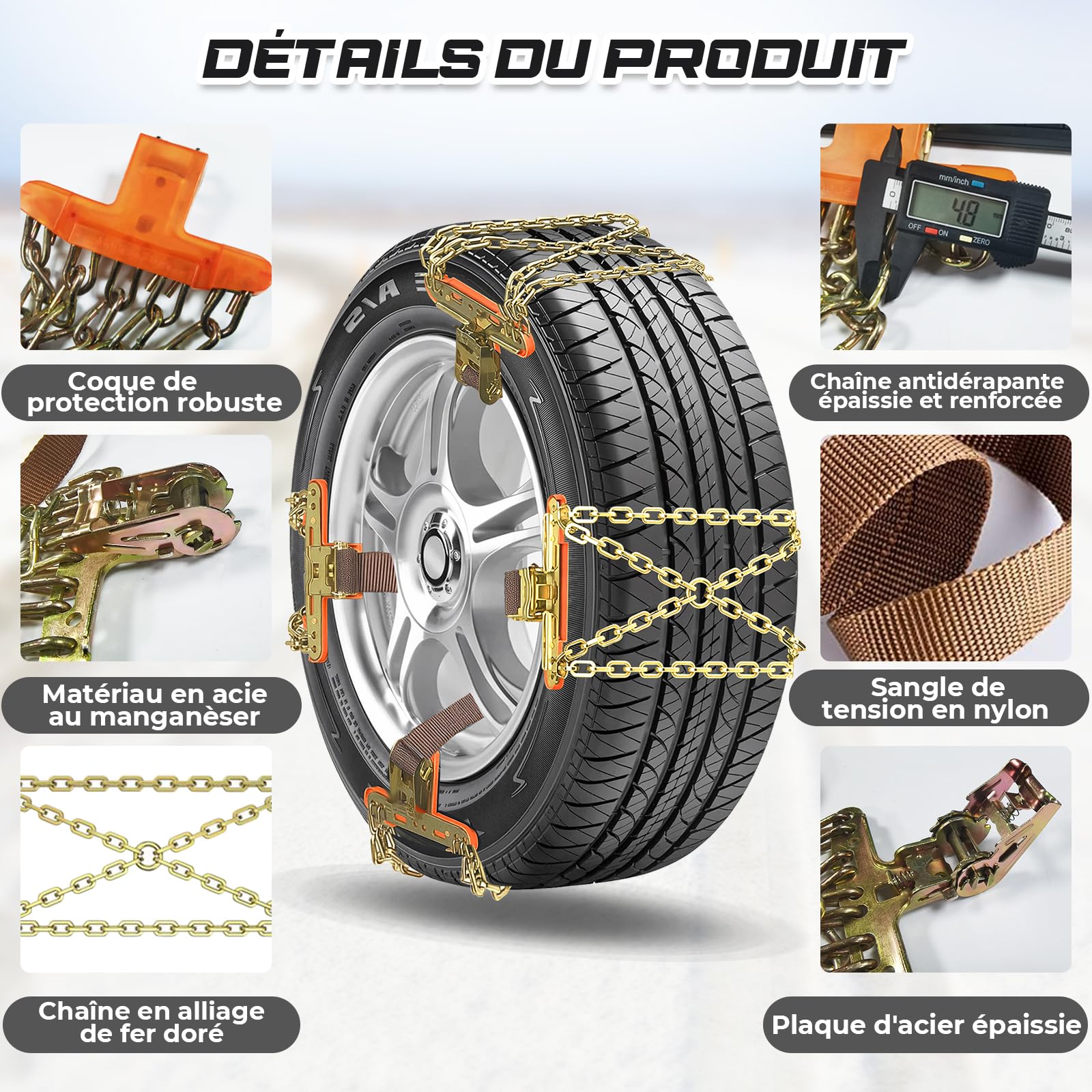 8 Pièces Chaines Neige Voiture Universel, Chaînes Voiture Anti-Dérapant, Chaînes De Neige Type pour voiture, SUV, camions - Pour 195 205 215 225 235 245 50/55/60/65 R15 R16 R17 R18