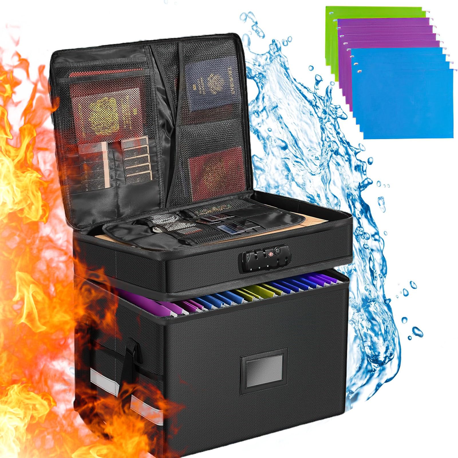 Fireproof Document Box with Lock, 2 Layer Collapsible Document Storage Box with 10pcs Suspension Files, Portable Office Safe File Storage with Reflective Strip for Legal Size(Not Dividers)