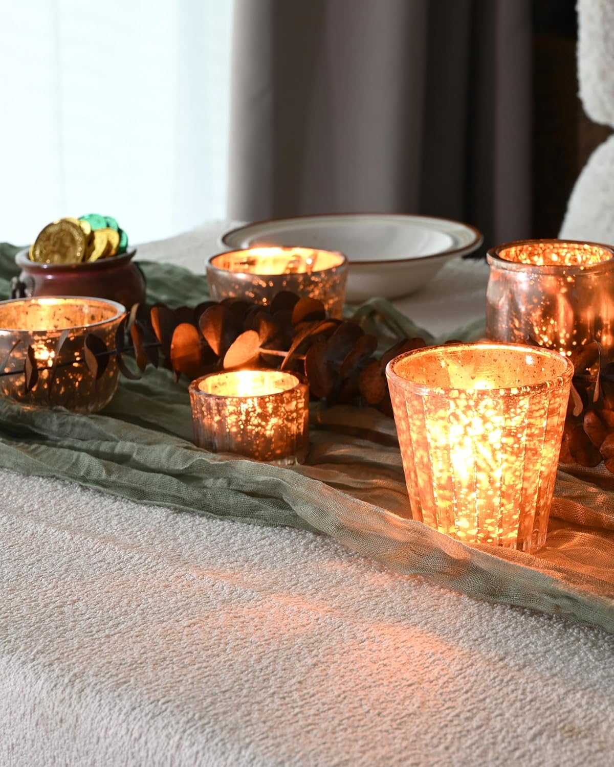 DN DECONATION 8PCS Gold Mercury Glass Candle Holder, Assorted Mercury Glass Votive Candle Holders, Vintage Tea Light Candle Holder for Wedding, Parties, Centerpieces, Decorations