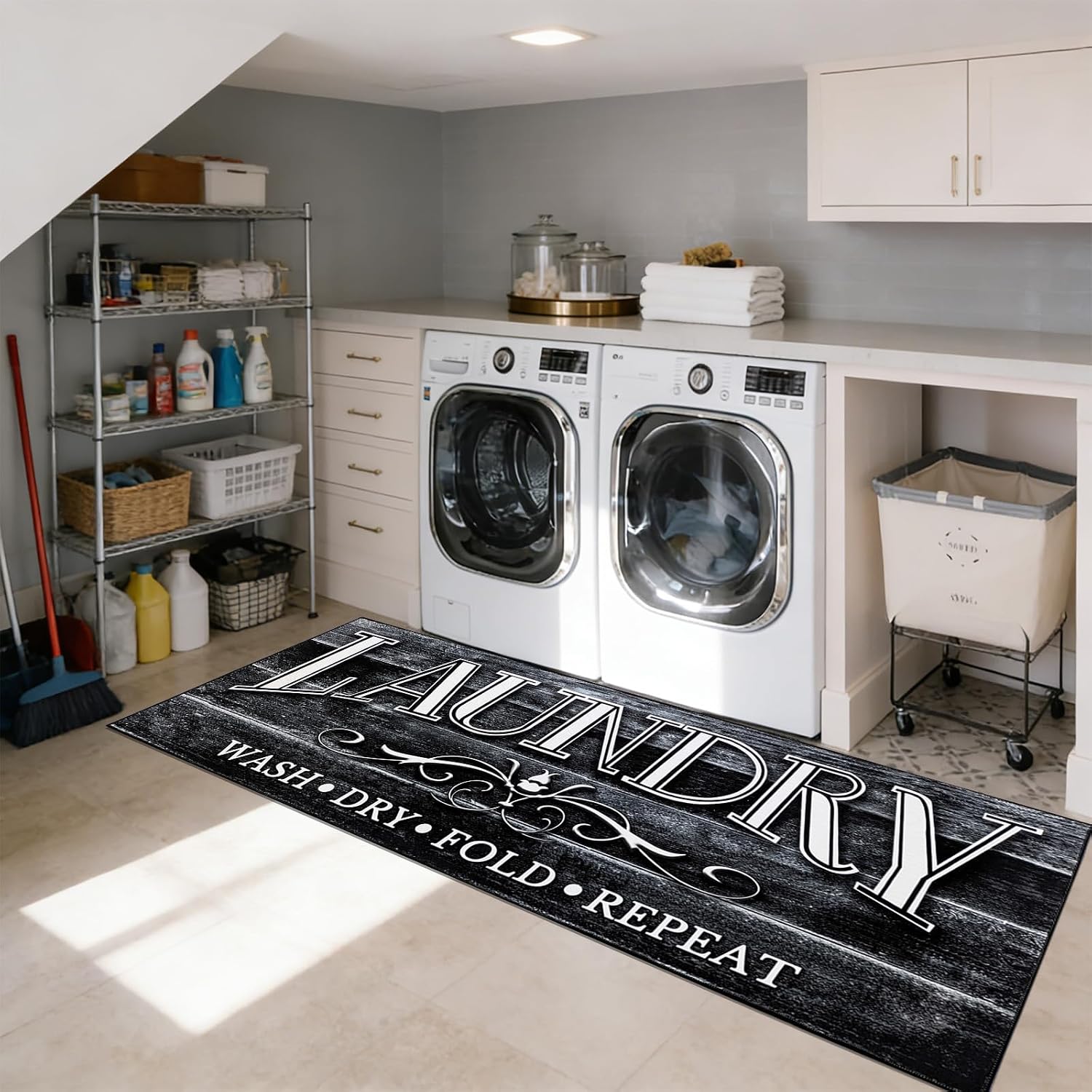 Laundry Mat - 2x6Ft Laundry Room Rug Runner, Kitchen Floor Mat, Vintage Wood Printed, for Farmhouse, Hallway, Entrance, Indoor Outdoor Decor, Black