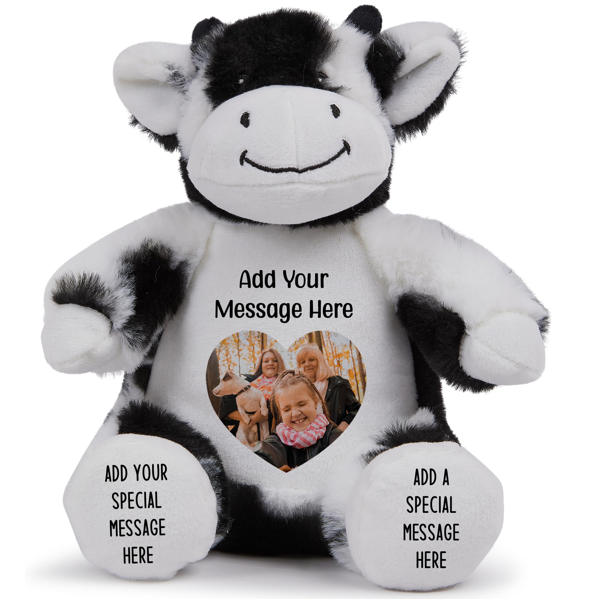 Personalised Photo Teddy Bear – Add Photo on Front & Text on Feet | 28 Styles | Custom Keepsake Gift for Baby, Sympathy, Birthday & More (Black/White Cow Teddy Bear)