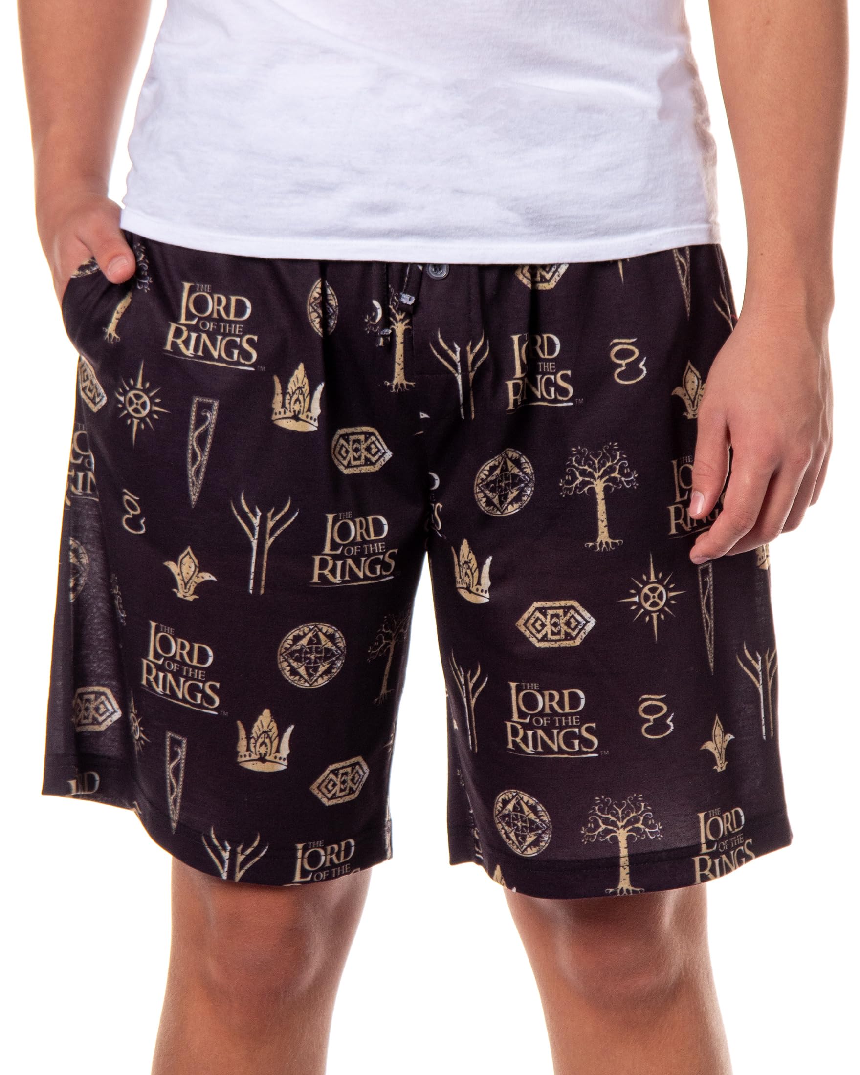 Intimo Men's Black The Lord Of The Rings Pajamas Tree Of Gondor Crown Rune Pj Lounge Shorts, L