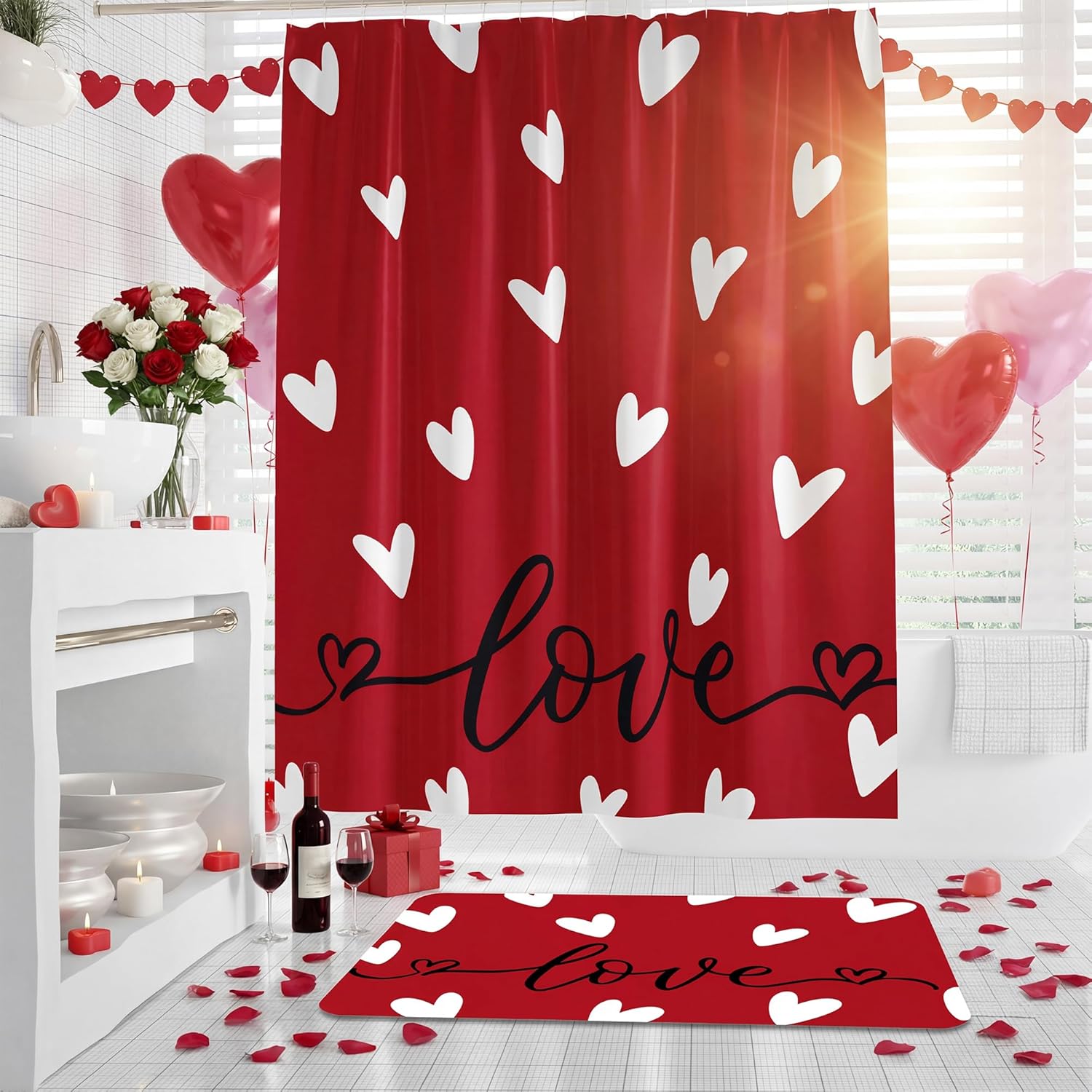 FUTBU Valentines Day Shower Curtain Set for Bathroom, Red Love Heart Shape Red Bathroom Supplies for Valentines Accessories Decor Set, Non Slip Rugs Toilet Lid Cover U Shape Bath Mat and 12 Hooks
