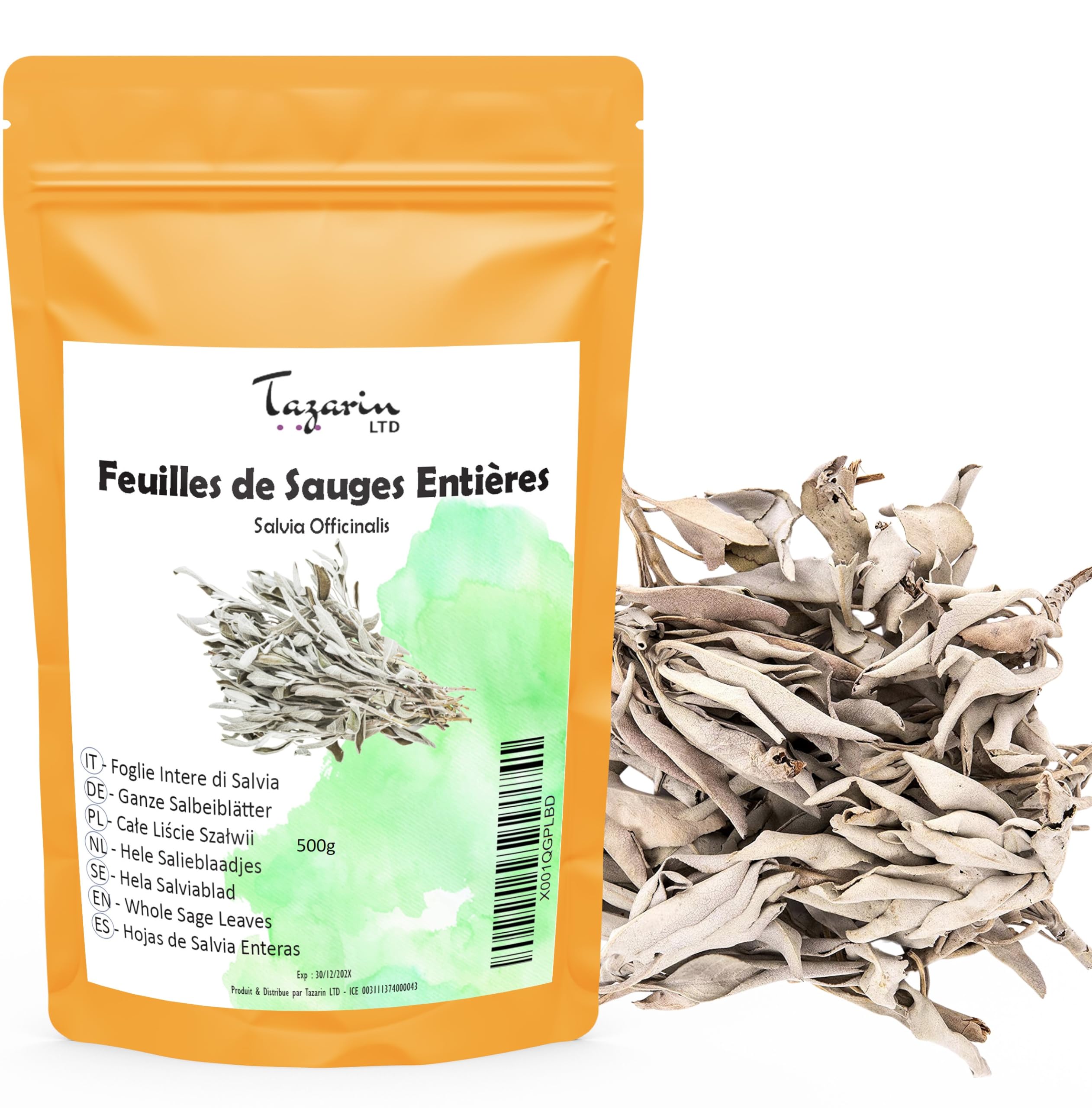 500g Foglie di Salvia Intere - Salvia dell'Altas - Tisana di Salvia Officinale - Aroma & Gusto Intenso - 100% Naturale, Puro e Senza Additivi | Qualità Superiore - TazarinLtd