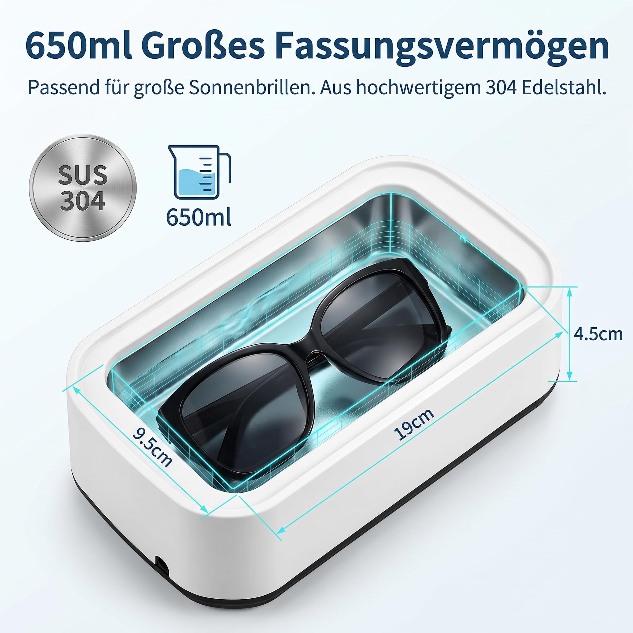 Nettoyeur Ultrasons, 650ml 49kHz Bac a Ultrason ave 5 Réglages de Temps Ultrasonic Cleaner pour Lunettes, Portable Bijoux, Appareils Dentaires et Montres en Acier Inoxydable SUS304