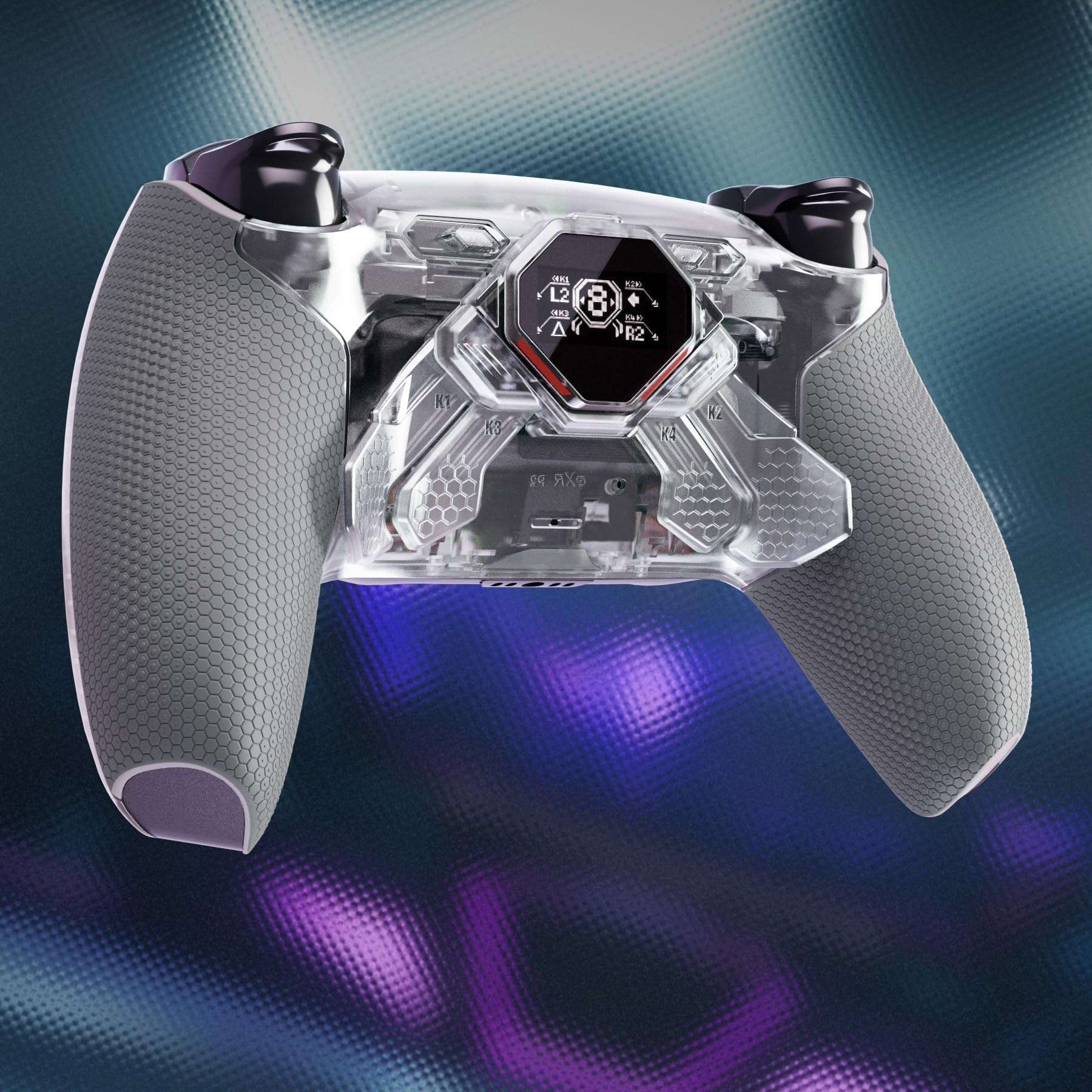 eXtremeRate Spark Remap Kit per ps5 Controller BDM-030 040 050 060, Display OLED +Clicky Trigger Stop +Grip Ergonomici, 4 Tasti Posteriori Rimappabili Accessori per ps5 Joystick, Trasparente&Grigio