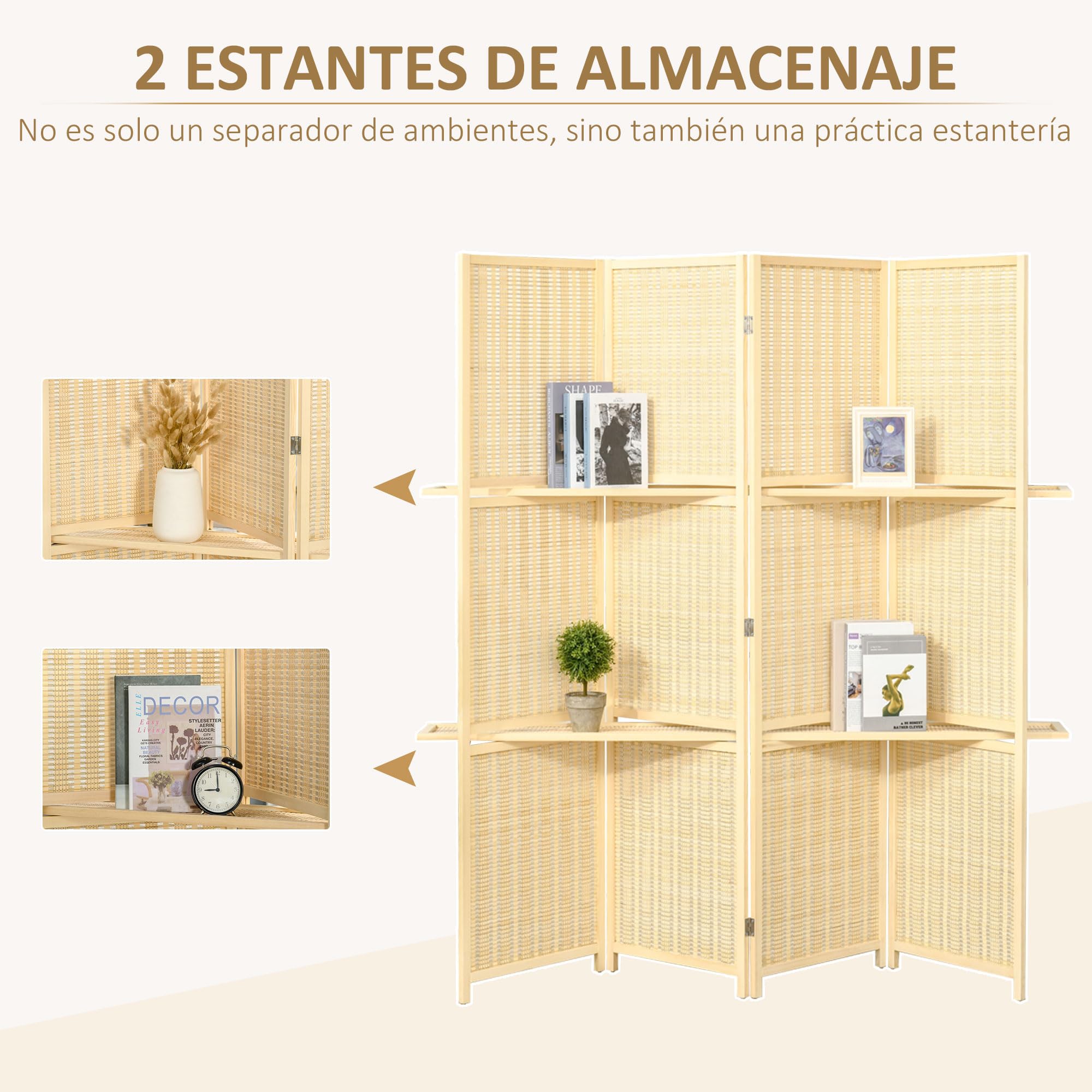 HOMCOM Biombo de 4 Piezas de Bambú Biombo Separador de Ambientes Plegable con 2 Estantes Extraíbles Divisor de Habitaciones Dormitorio 180x180 cm Natural
