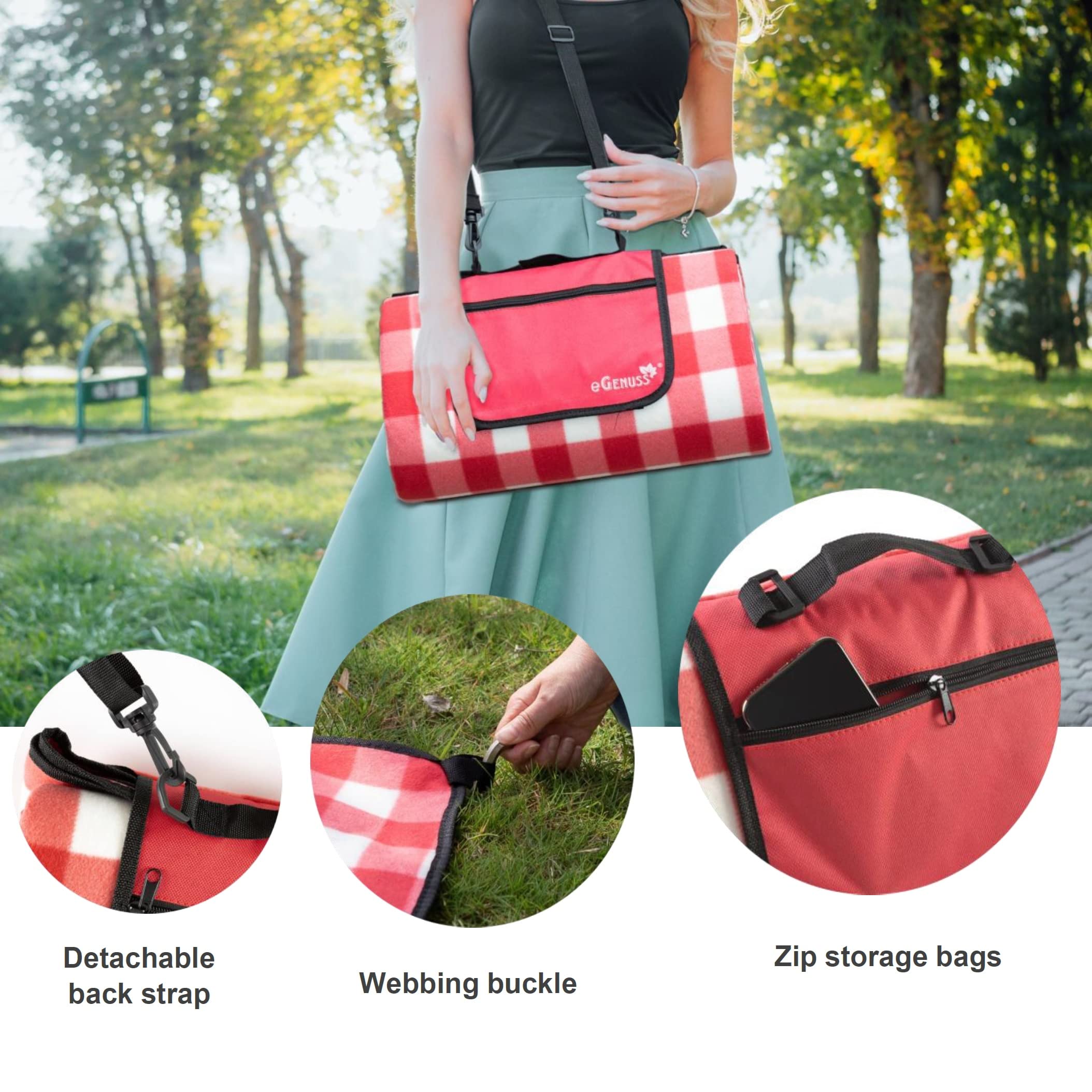 2 Sets Picknickdecke 200x200 cm wasserdicht isolierend abwaschbar faltbar kleines Packmaß | Picknick Strandmatte mit Reißverschlusstasche, Griff und Schulterrieme | Rot
