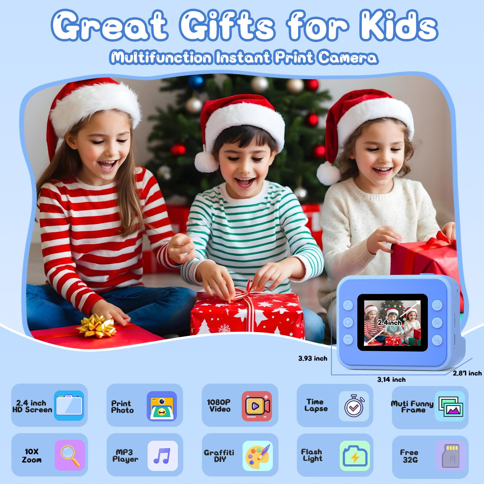 Hangrui Macchina Fotografica Bambini Istantanea, 2,4 Pollici Fotocamera Istantanea Bambini con 32G Scheda,20MP/1080P Fotocamera Digitale,Giocattolo Regalo per Ragazze Ragazzi dai 3-10 Anni-Blu