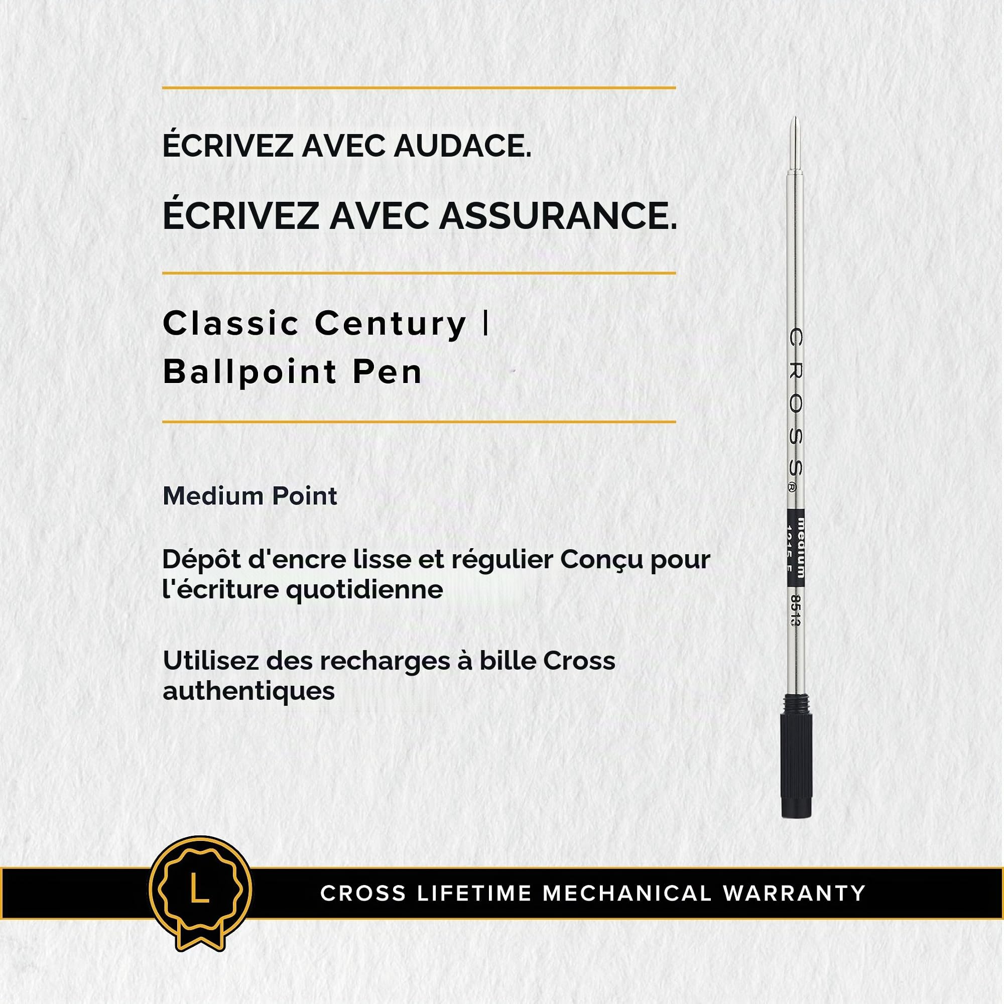 CROSS Classic Century - Stylo bille rechargeable - Pointe moyenne - Fini noir satiné - Avec attributs plaqués or 23 cts - Écrin classique et recharge incluse
