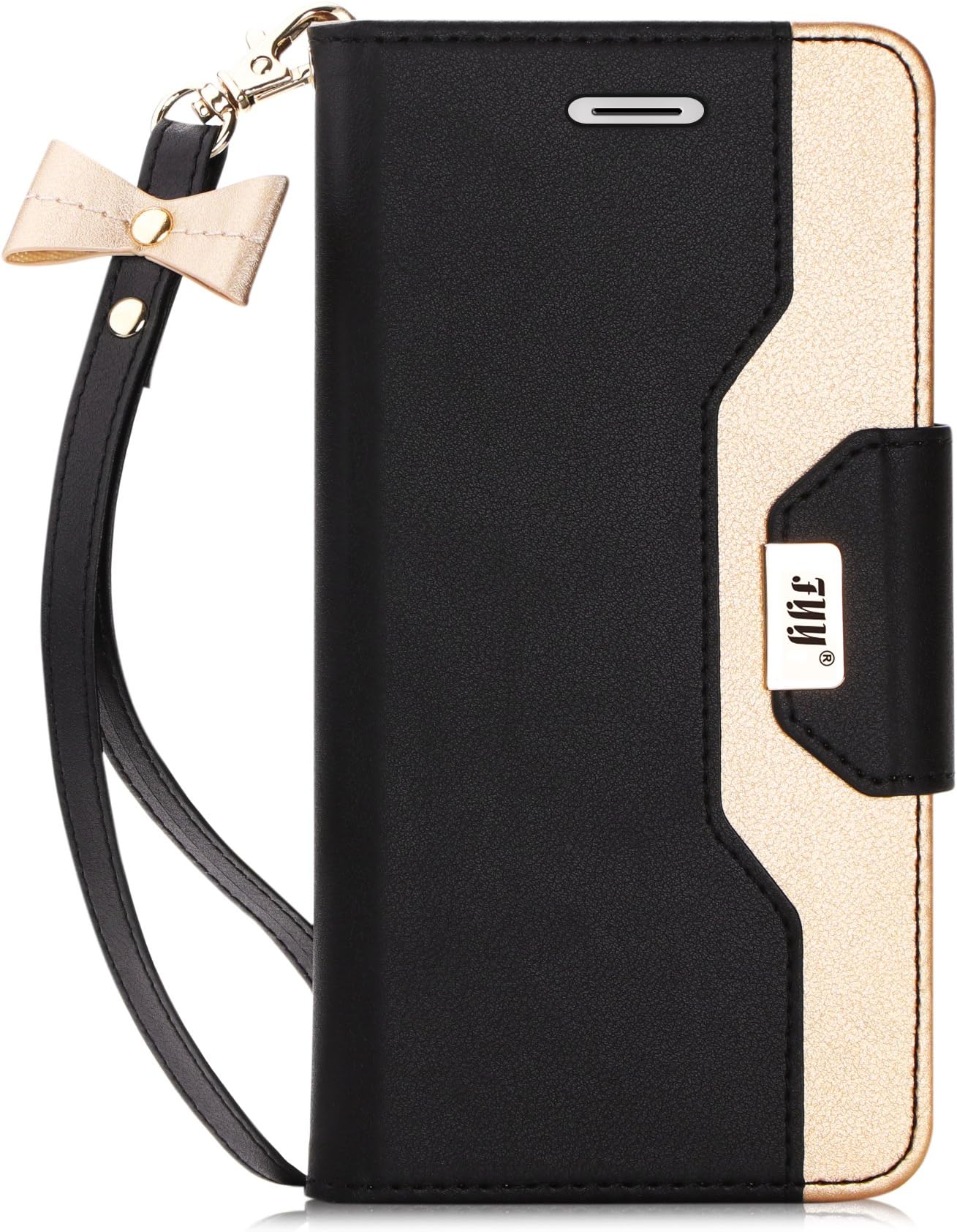 FYY Leather Case with Mirror for iPhone 6S Plus/iPhone 6 Plus, Leather Wallet Flip Folio Case with Mirror and Wrist Strap for iPhone 6S Plus/6 Plus Black