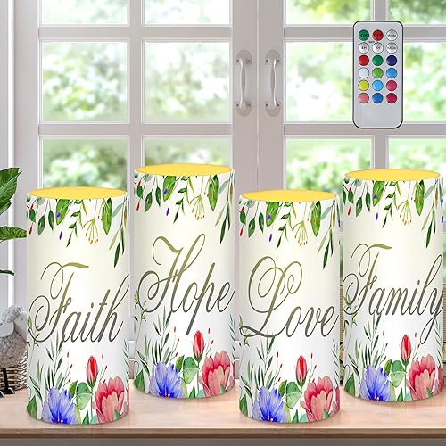 Miniatura 1 de Tiamon Velas florales sin llama LED con temática religiosa, funciona con pilas, velas parpadeantes con temporizador remoto de 18 teclas, Faith Hope
