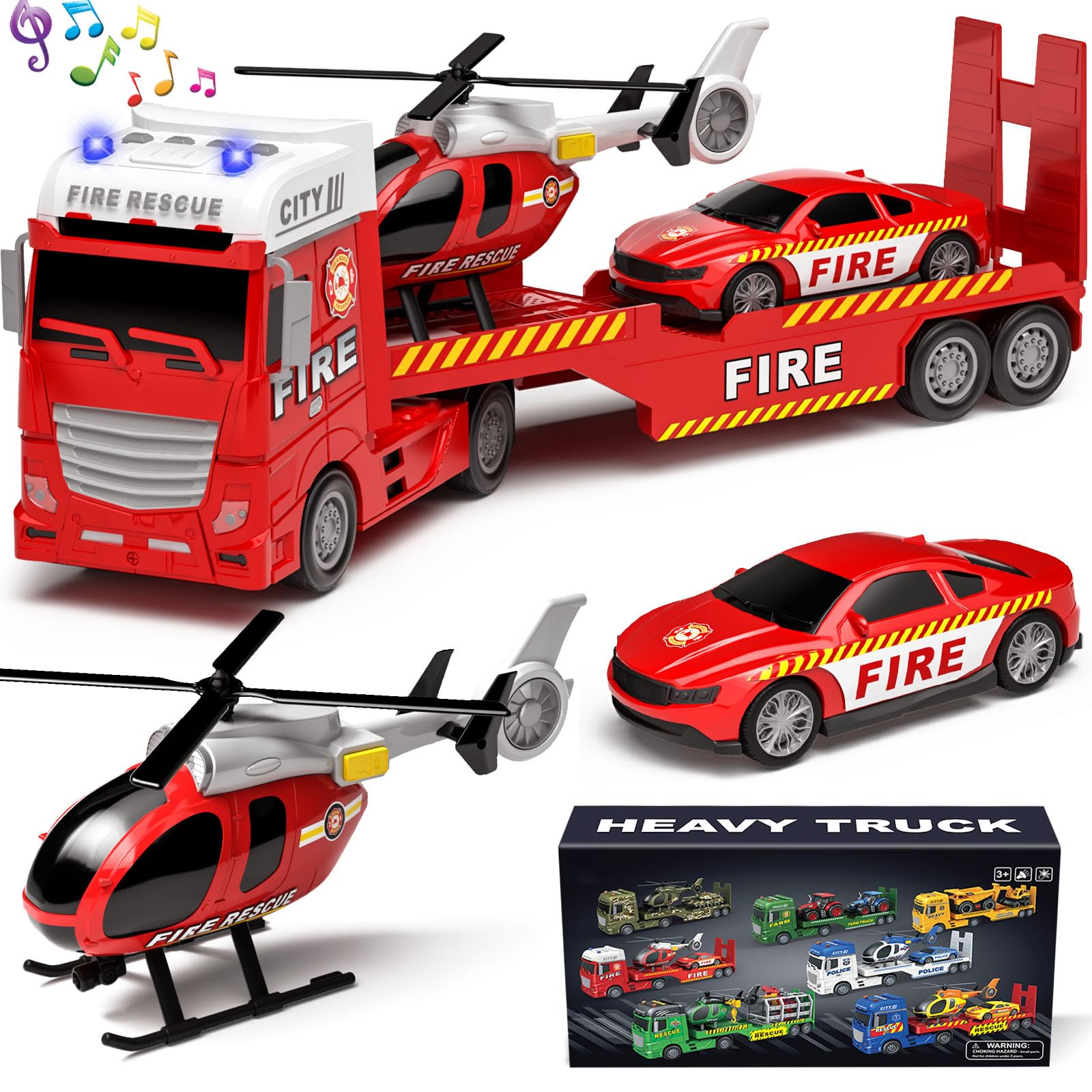 Tacobear Camión Bomberos de Juguetes para Niños Grande Vehículos de Camiones de Juguete con Helicóptero Coche de Carreras, Camión Transportador Bomberos Juguete Regalo para Niños 2 3 4 5 6 años