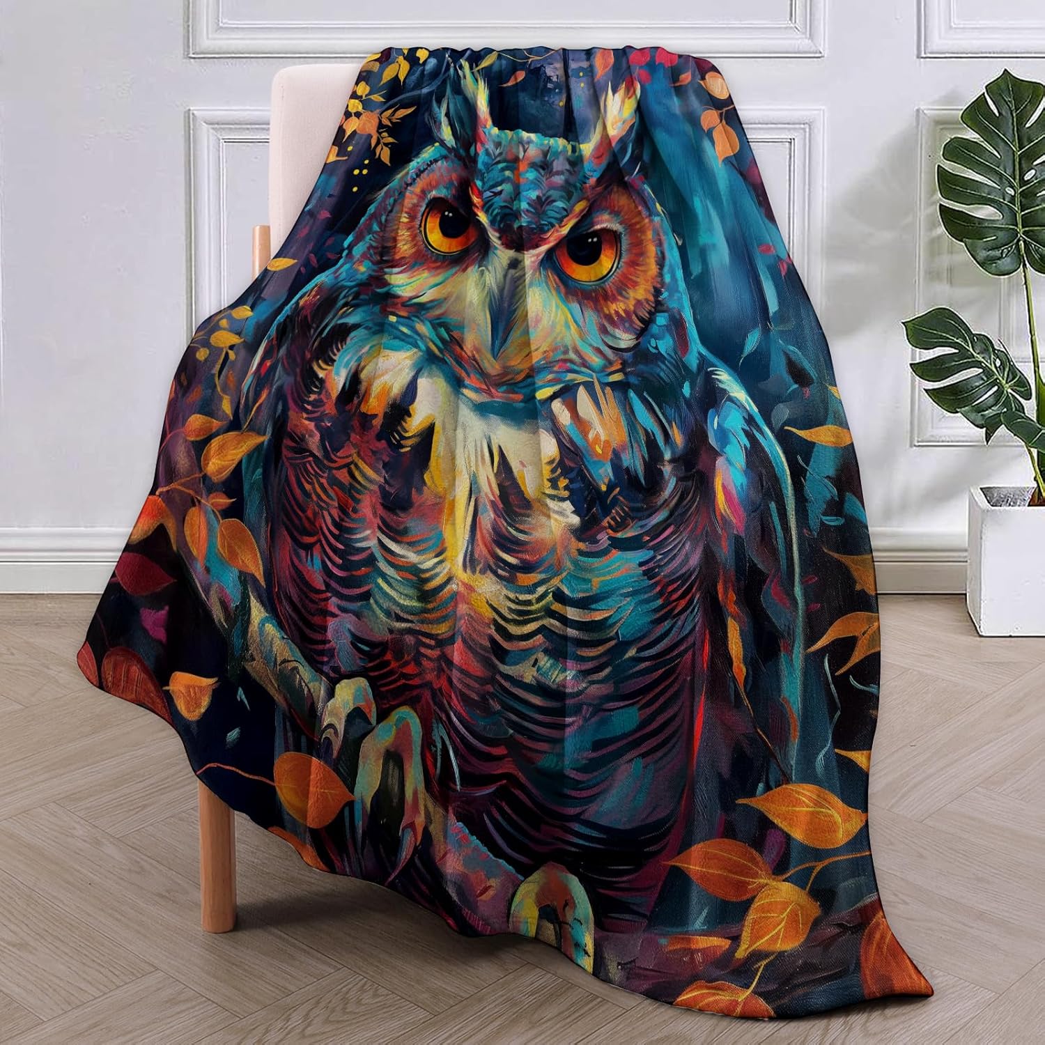 Autumn Owl Flannel Blanket,Vibrant Artistic Owl Portrait with Fall Leaves Soft Lightweight Throw Blankets Gifts for Women,50" x 60" Perfect for Couch Bed Home Travel Decor - Image 2