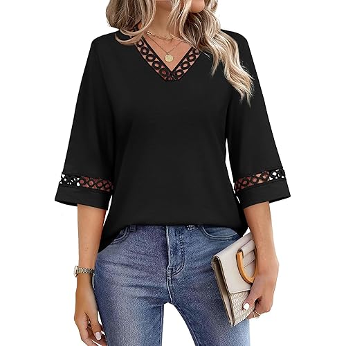 WIHOLL Womens Tops Eyelet Lace V Neck Bell Sleeve Blouses Dressy Casual Work Shirt 2026 Summer Spring Fashion Clothing