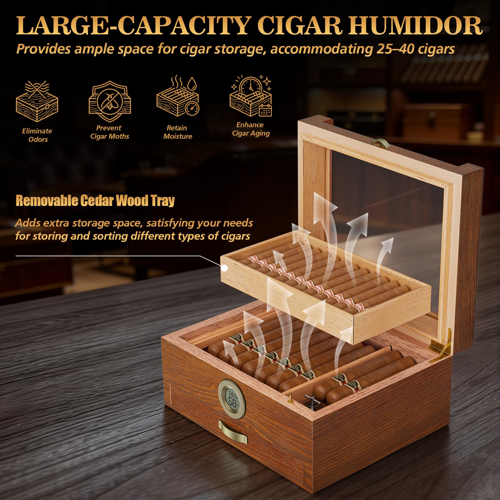 Umidificatore per sigari, in legno di cedro, con igrometro digitale e umidificatore, sistema di carillon integrato e cassetto per accessori, include vassoio in legno di cedro e 2 tubi per