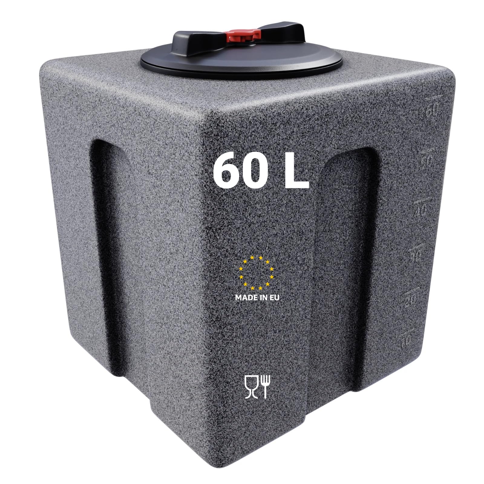 KMND Wassertank 60 Liter Kunststoff Wasserbehältet Regentonne - Marmoriert | Lebensmittelechtes Polyethylen, UV- Frostbeständig, für Garten, Wohnmobil, Futtertonne Eckig, Camping & Notvorrat, Made in EU
