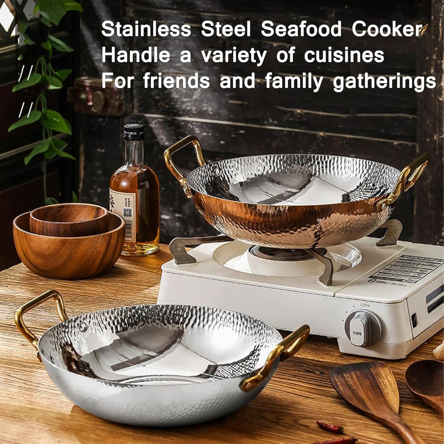 Stainless Steel Paella Pan Stainless Steel Frying Pan Nonstick Cooking Skillet Cookware with Dual Handle Spanish Seafood Lobster Plate for Home Cooking Cookware Kitchen,Gold,26cm